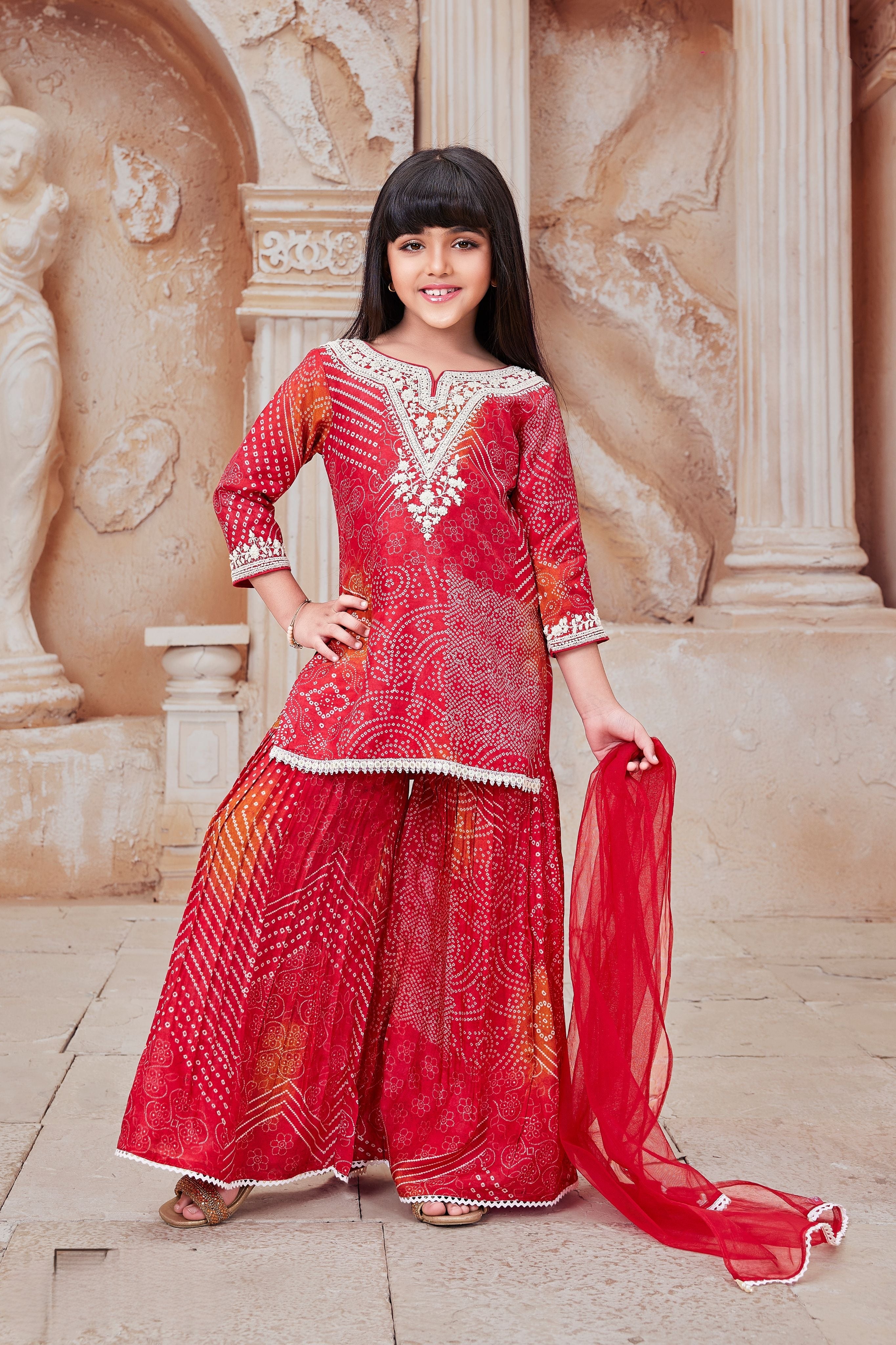 Radiant Red Bandhani Sharara Set  Mokshaa