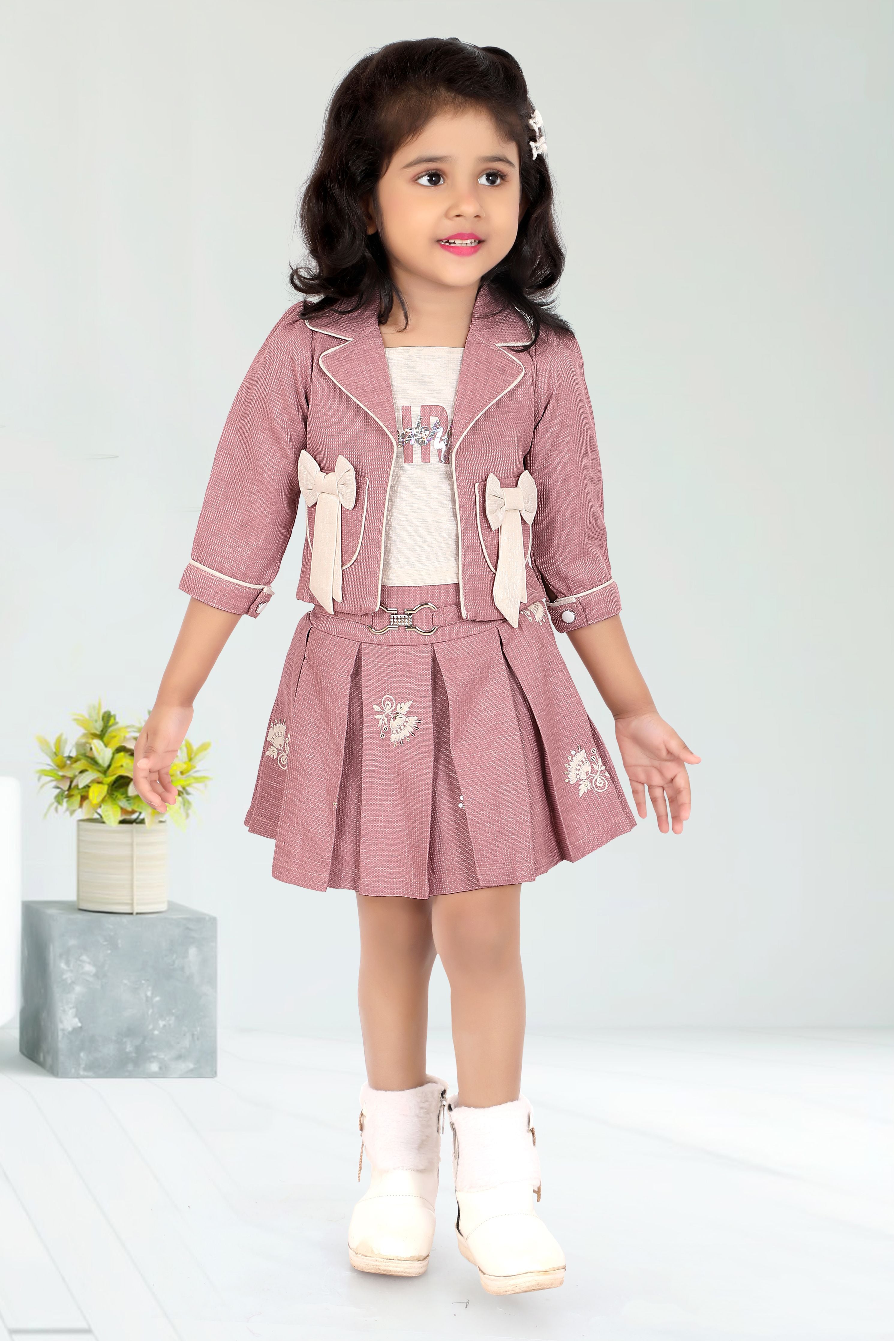 Mauve Bow Detail Jacket with Top & Skirt Set for Girls