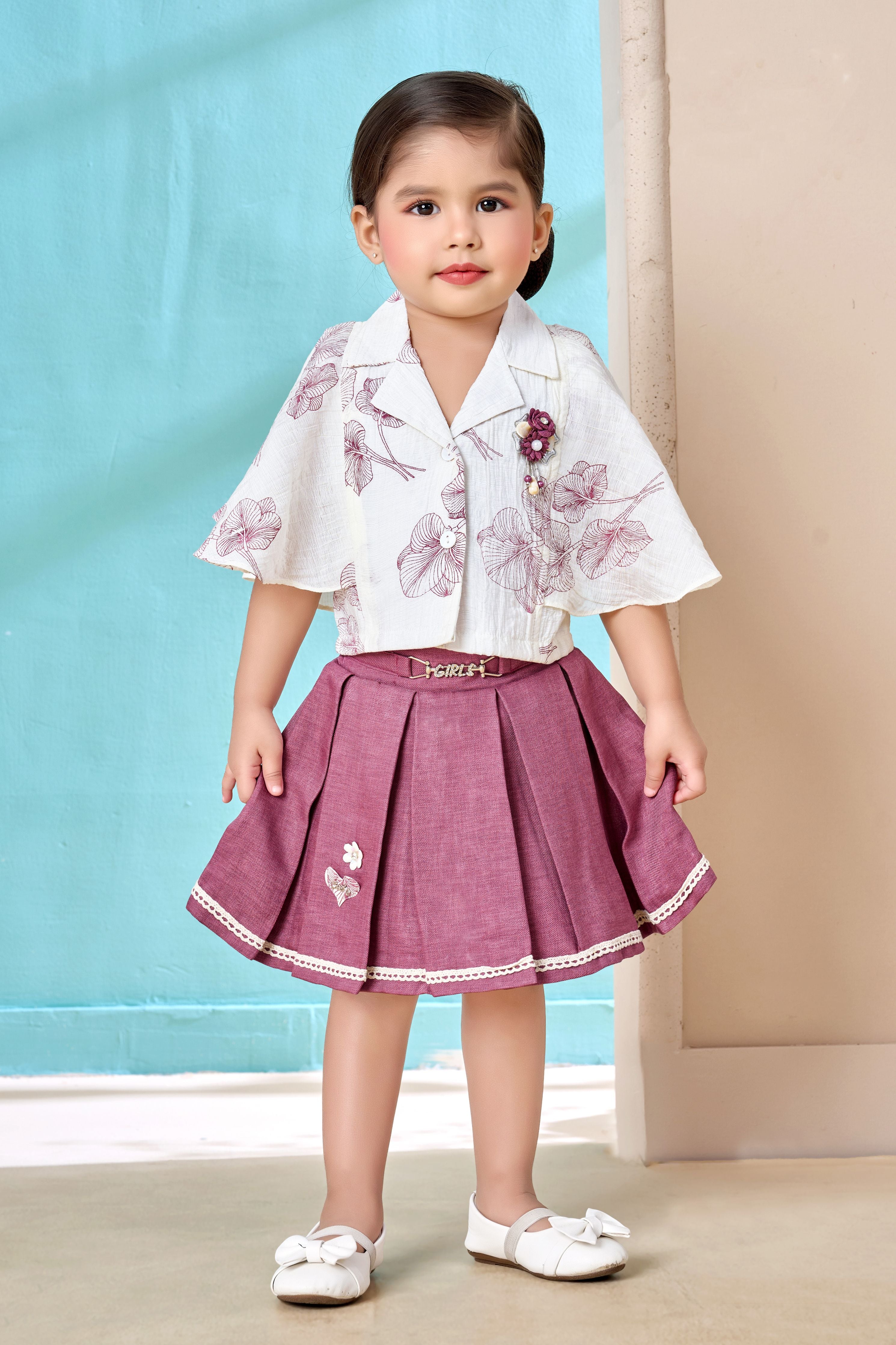 White Top & Skirt Set For Girls