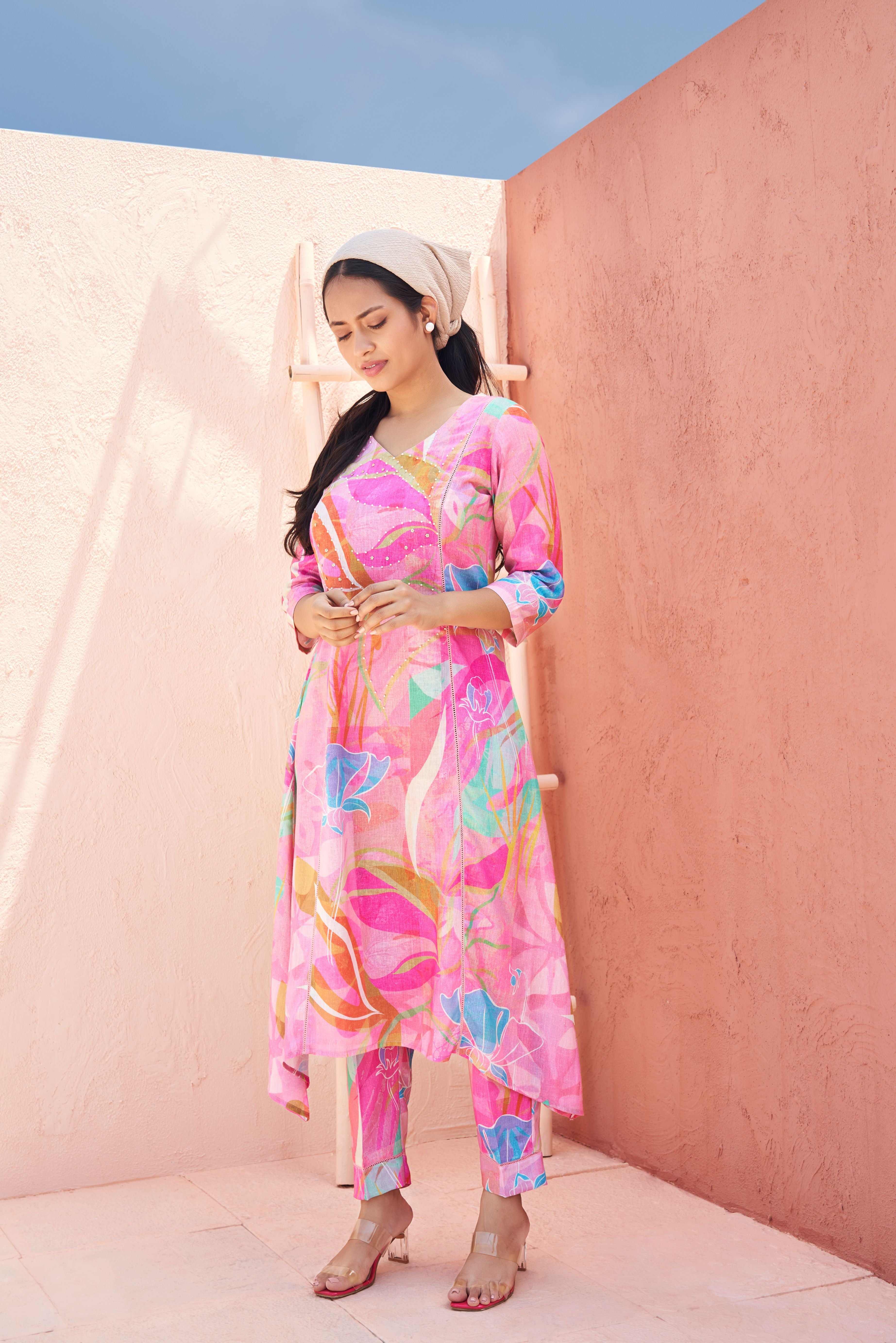 Bright Pink Linen Floral Tunic Set  Mokshaa