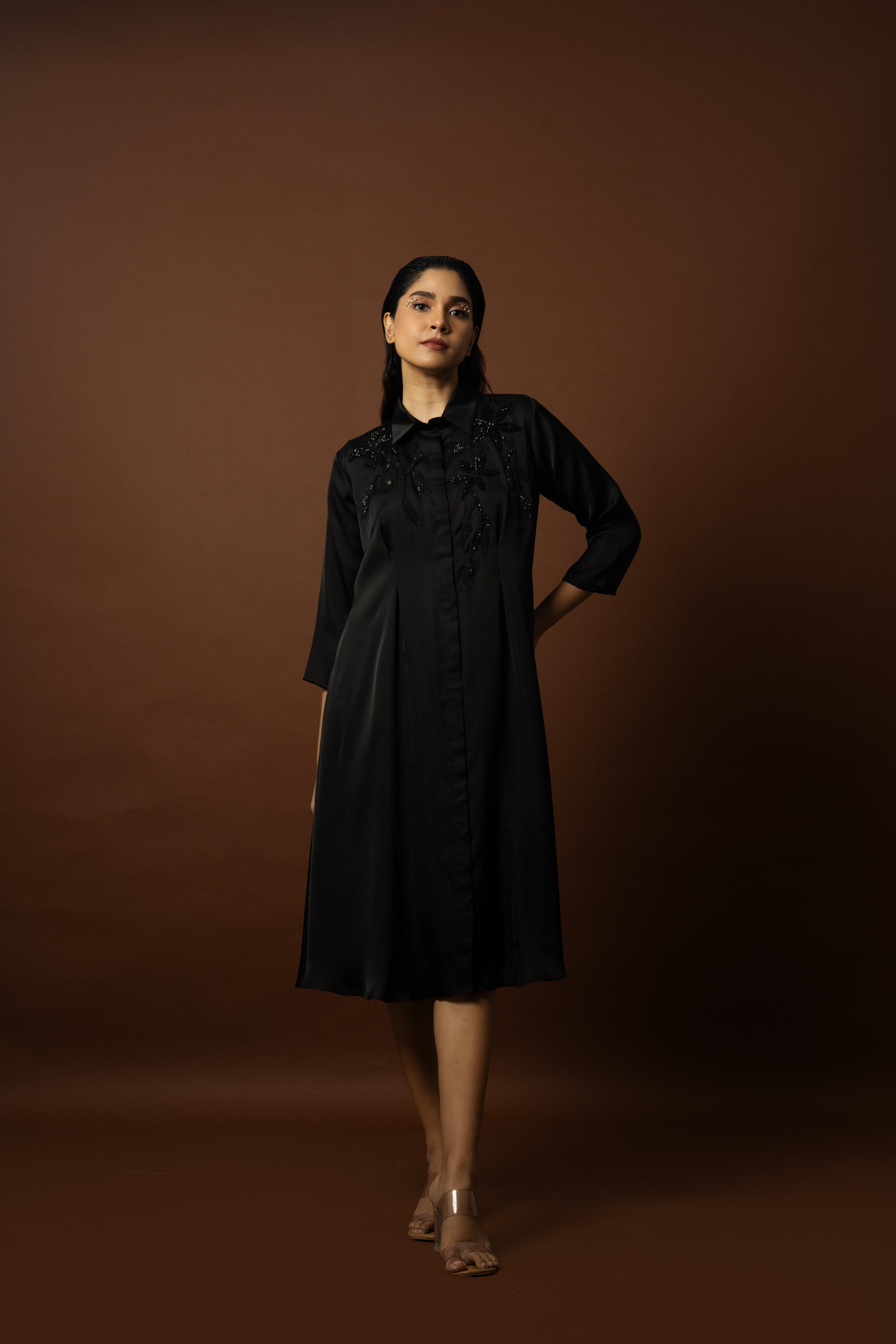 Black Shirt Dress with Crystal Bead Embellishments
