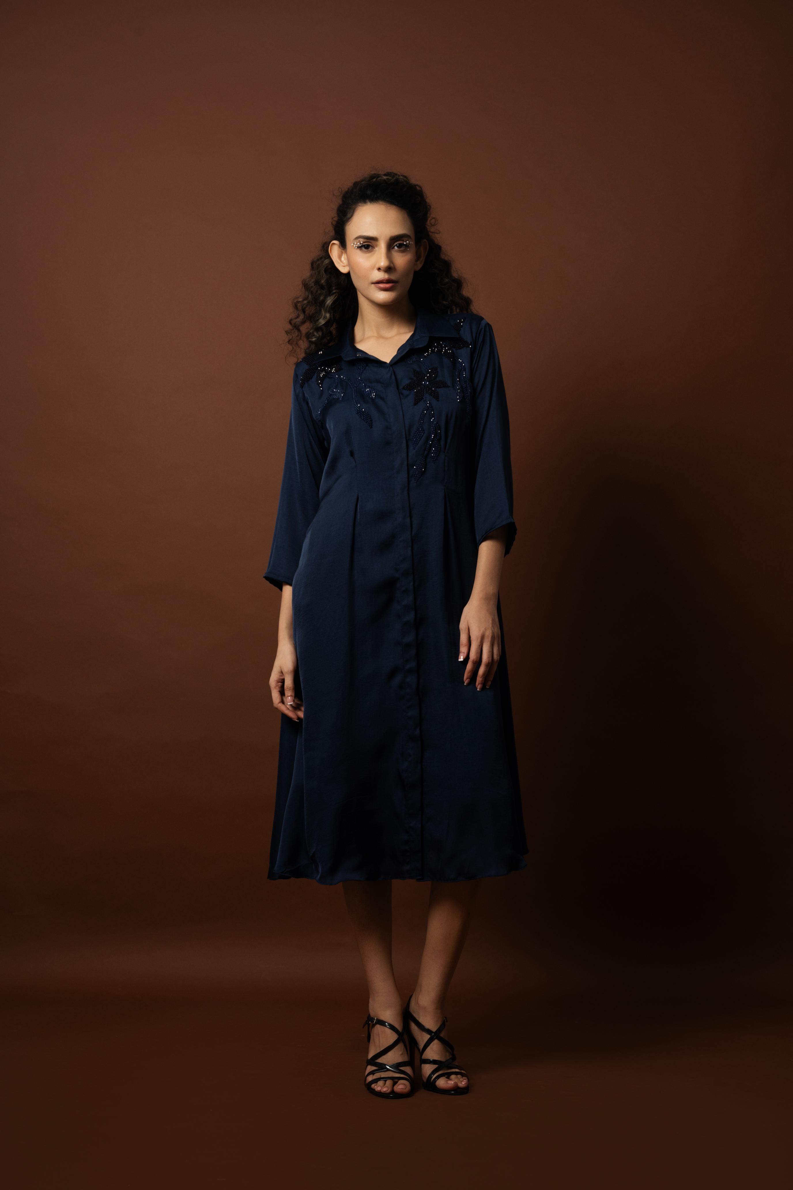 Midnight Blue Shirt Dress with Subtle Embellishments