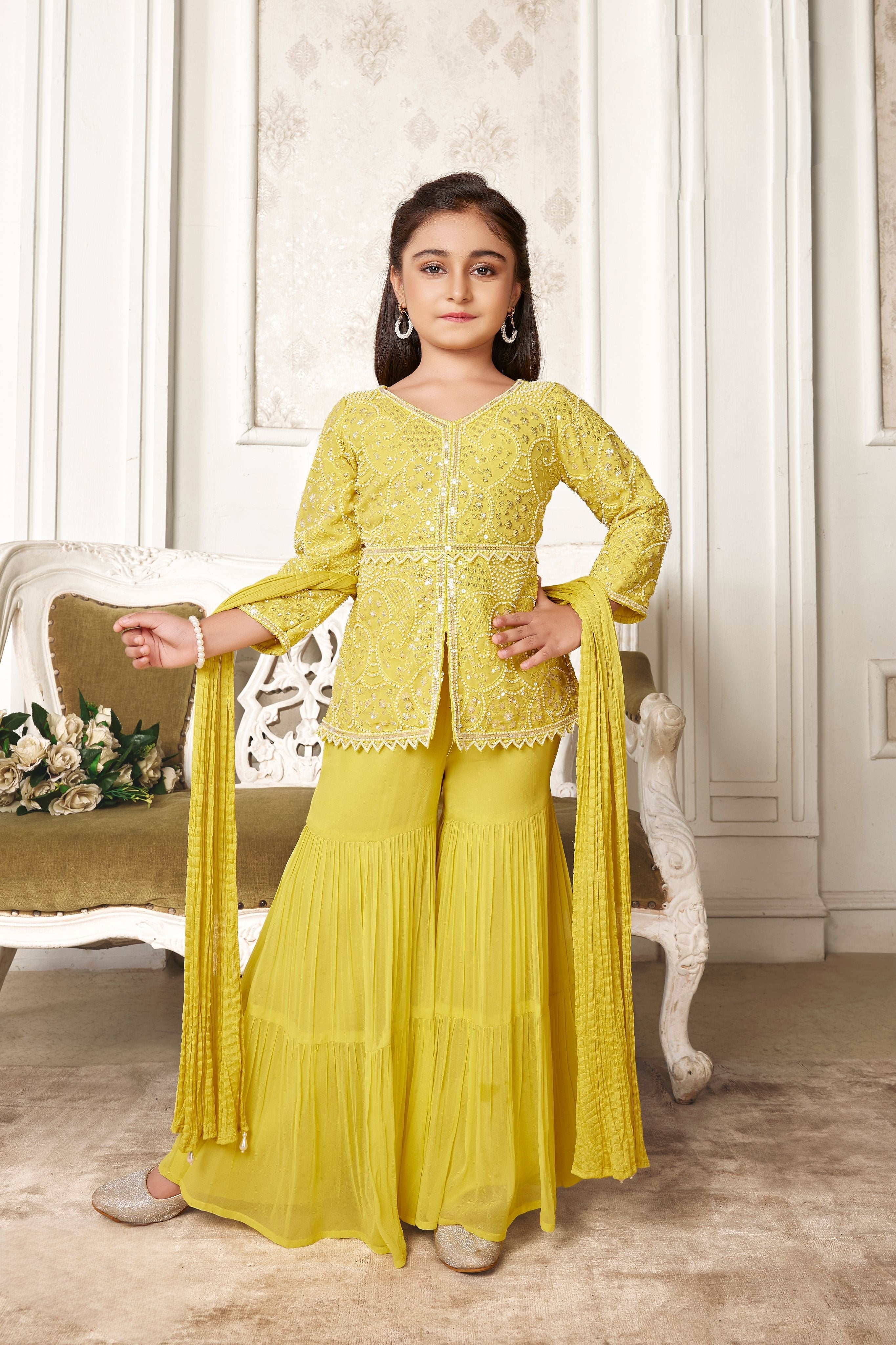 Vibrant Lime Green Embroidered Sharara Set  Mokshaa