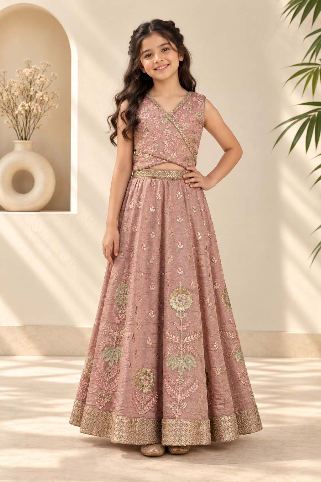 Dusty Rose Floral Embroidered Lehenga Set