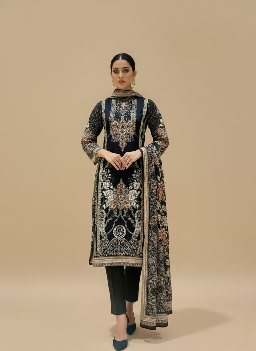 Black Muslin Kurta Set with Ornate Printed Panels & Dupatta