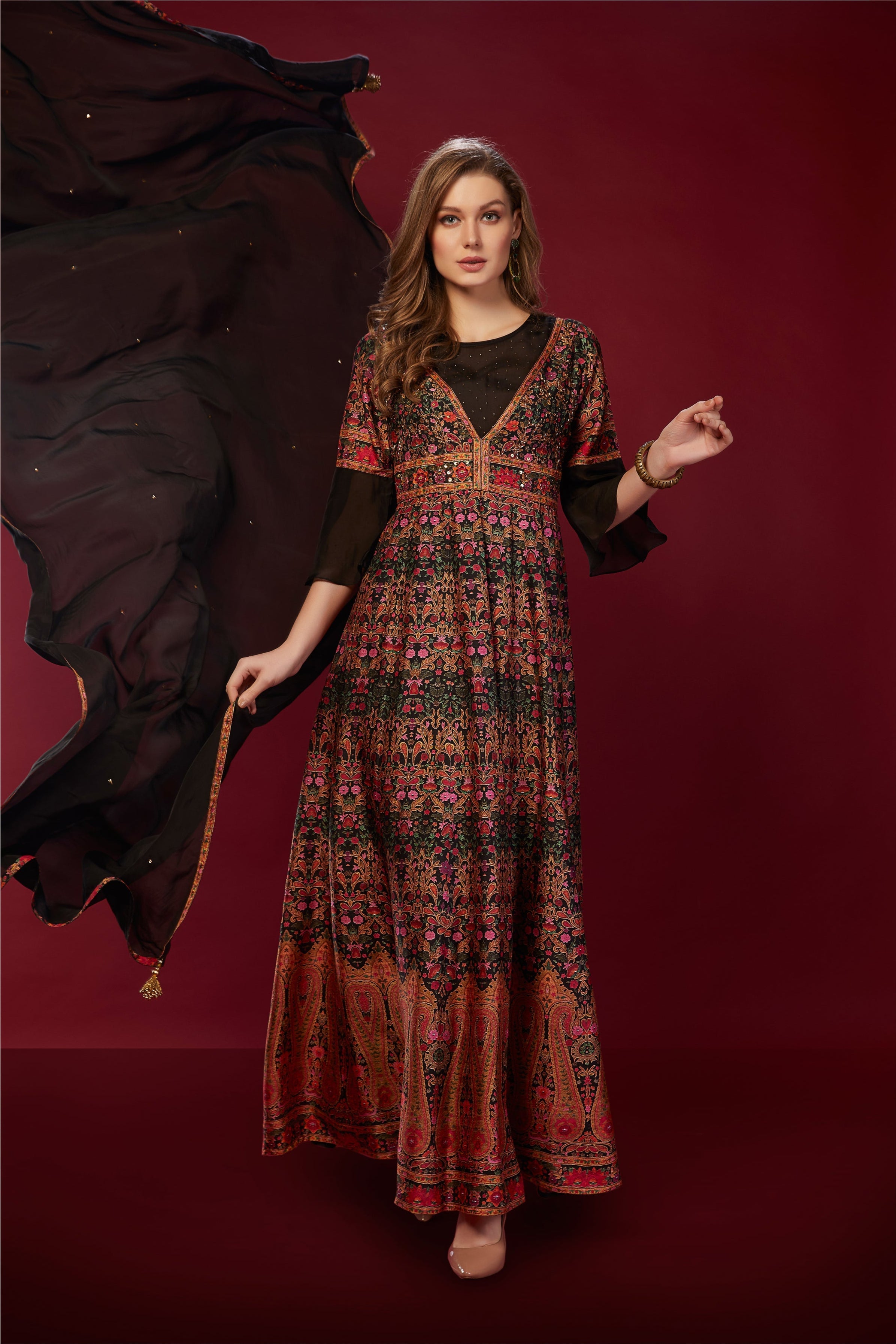 Black Printed Anarkali Suit with Sheer Dupatta  Mokshaa