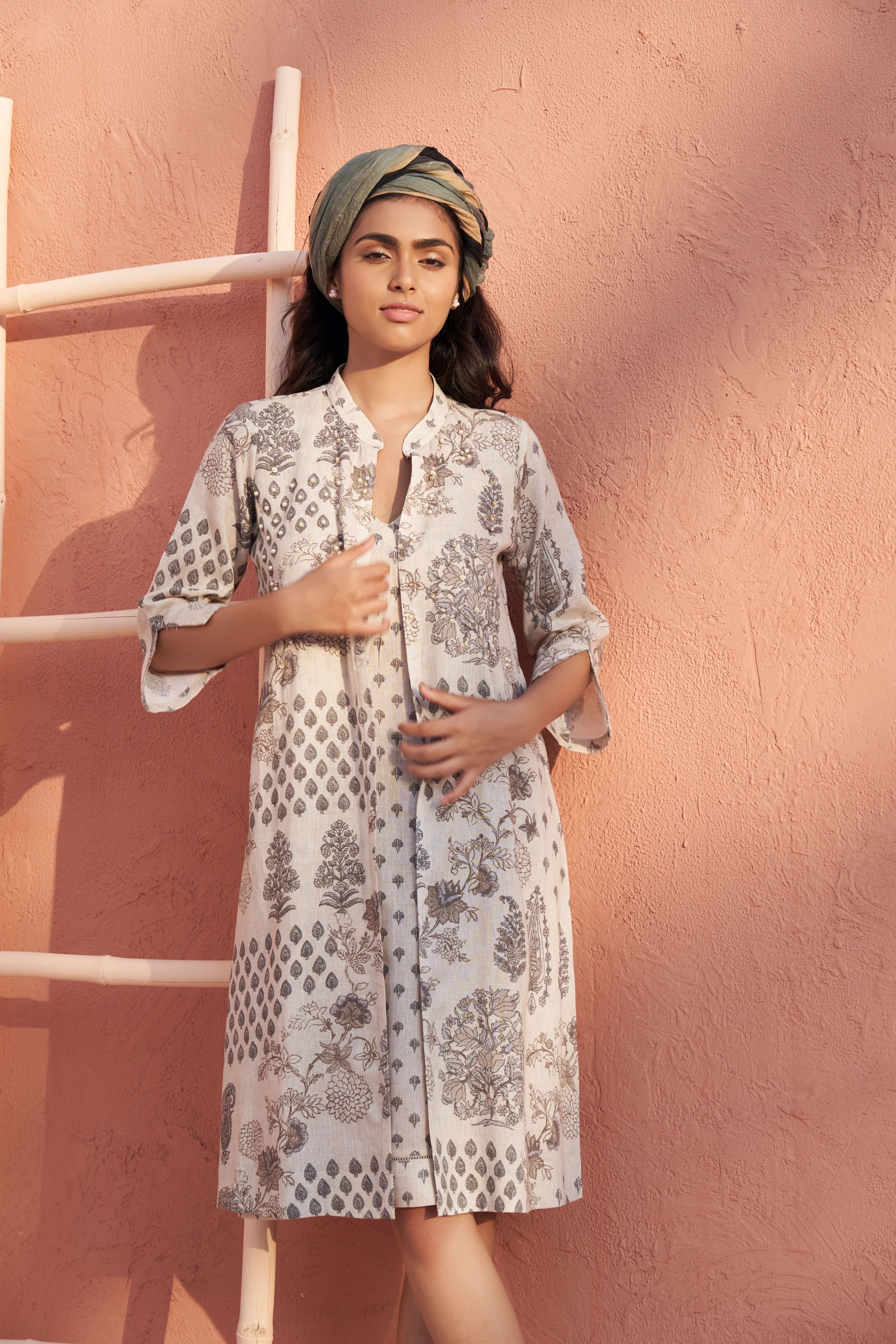 Off-White Linen Printed Dress  Mokshaa