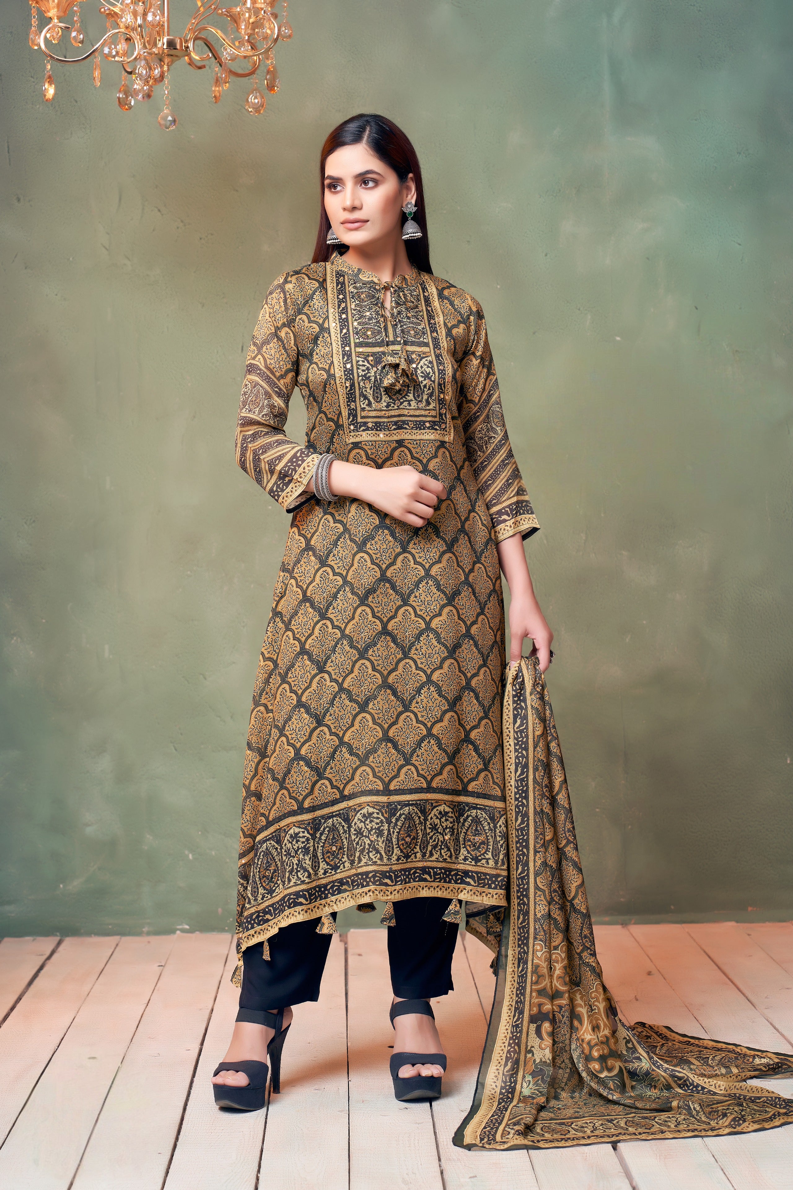 Mustard & Black Printed Muslin Kurta Set with Matching Dupatta