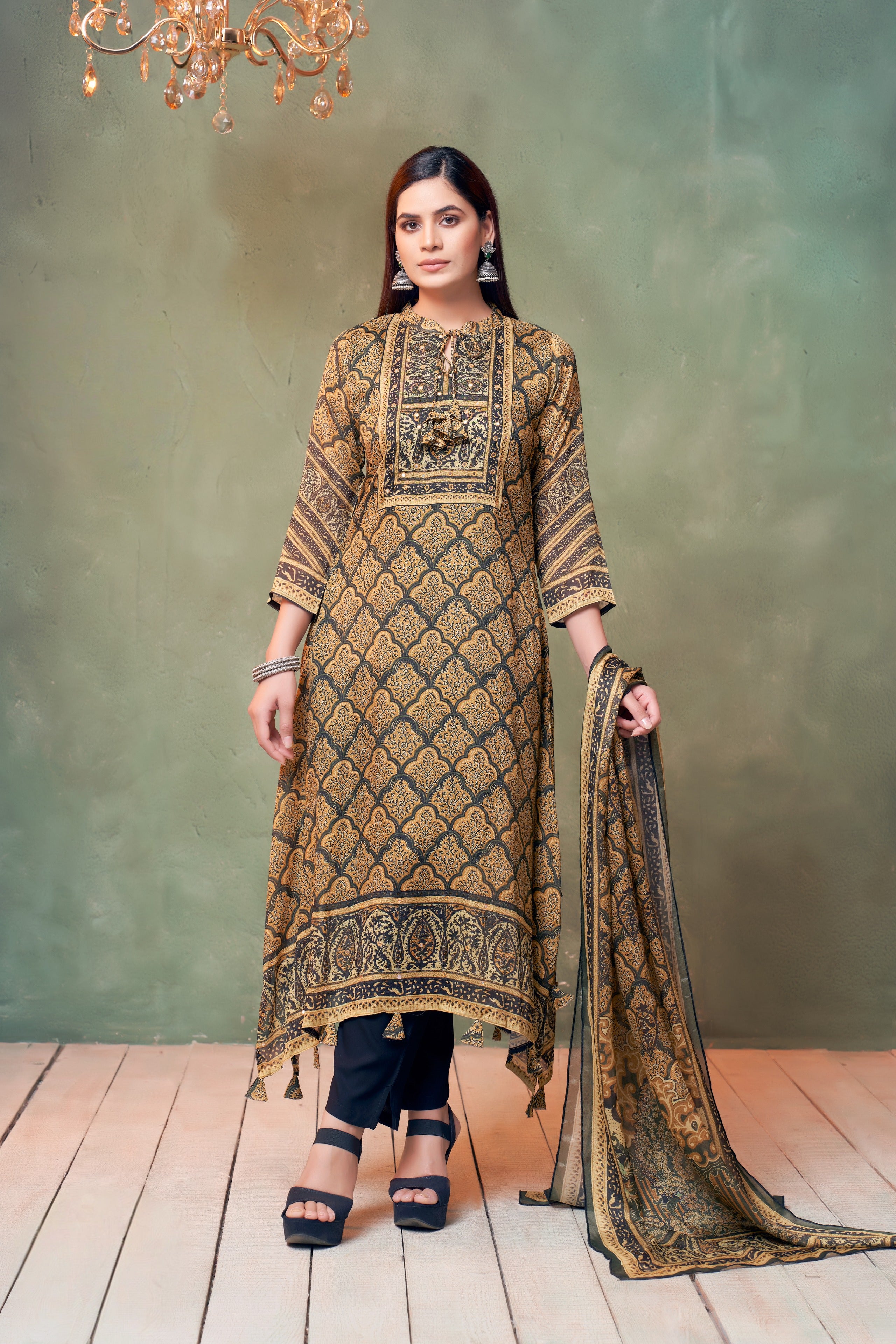 Mustard & Black Printed Muslin Kurta Set with Matching Dupatta