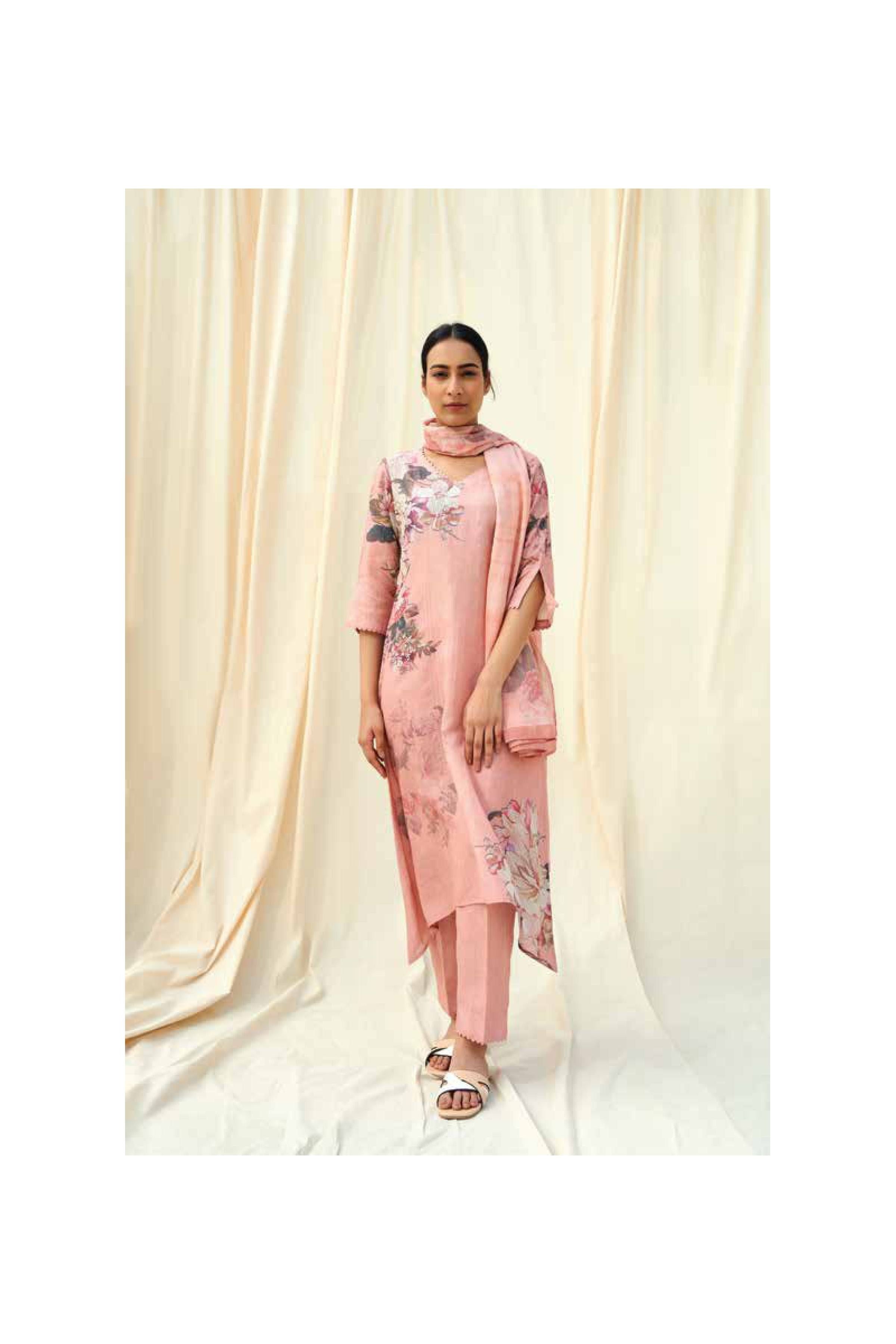 Blush Pink Floral Printed Linen Kurta Set  Mokshaa