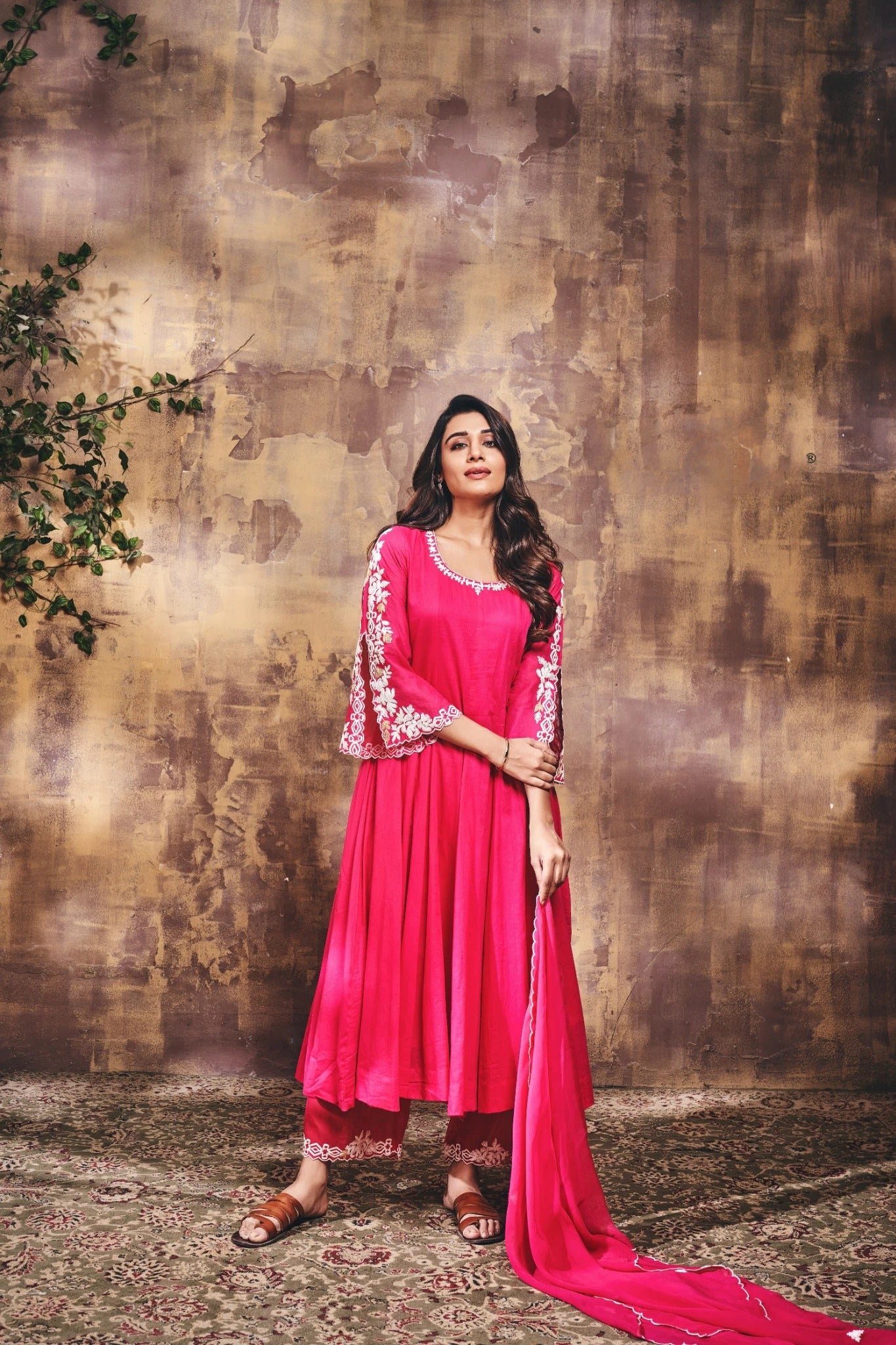 Fuchsia Pink Embroidered Kurta Set with Dupatta