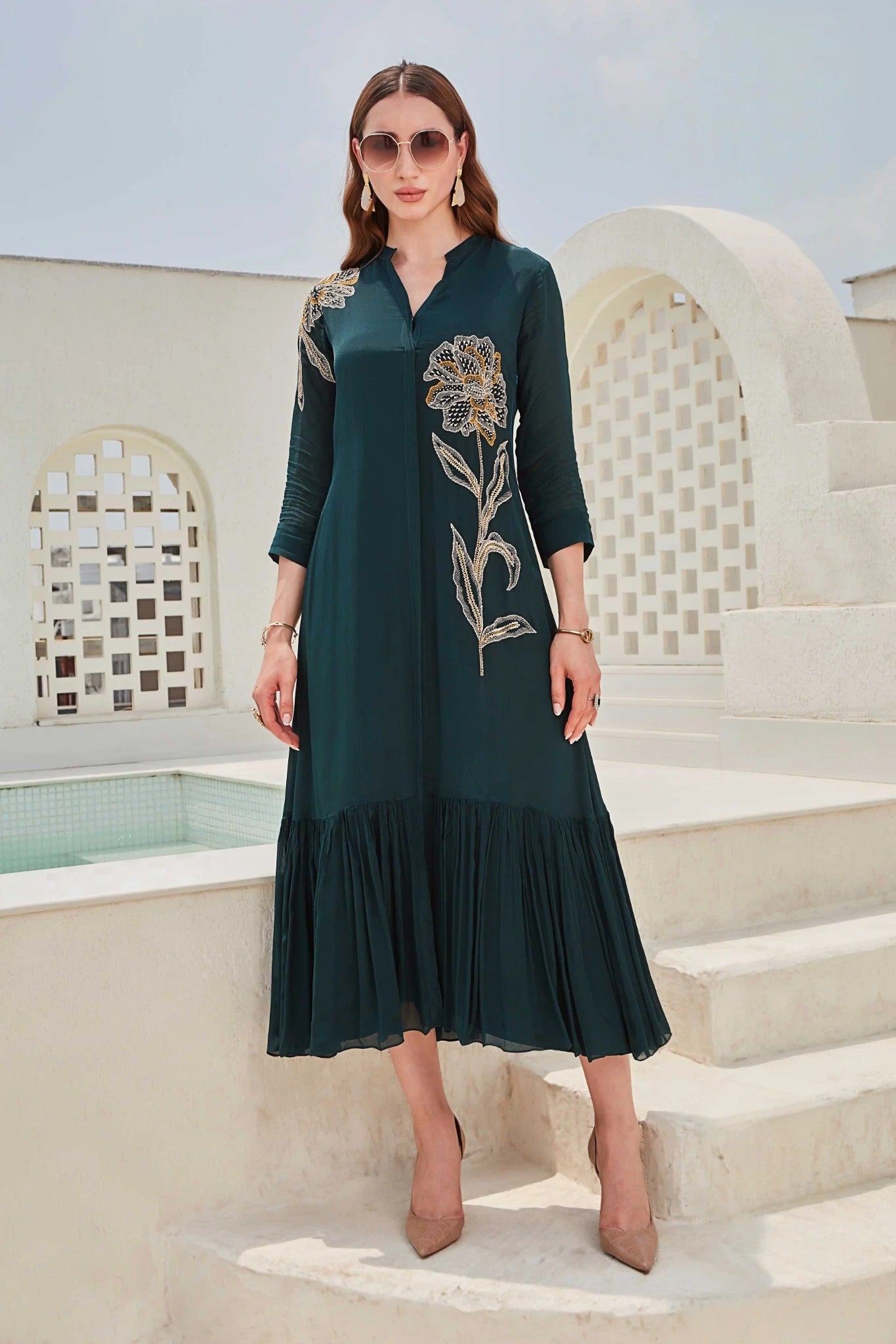 Emerald Green Embroidered A-Line Dress - Mokshaa