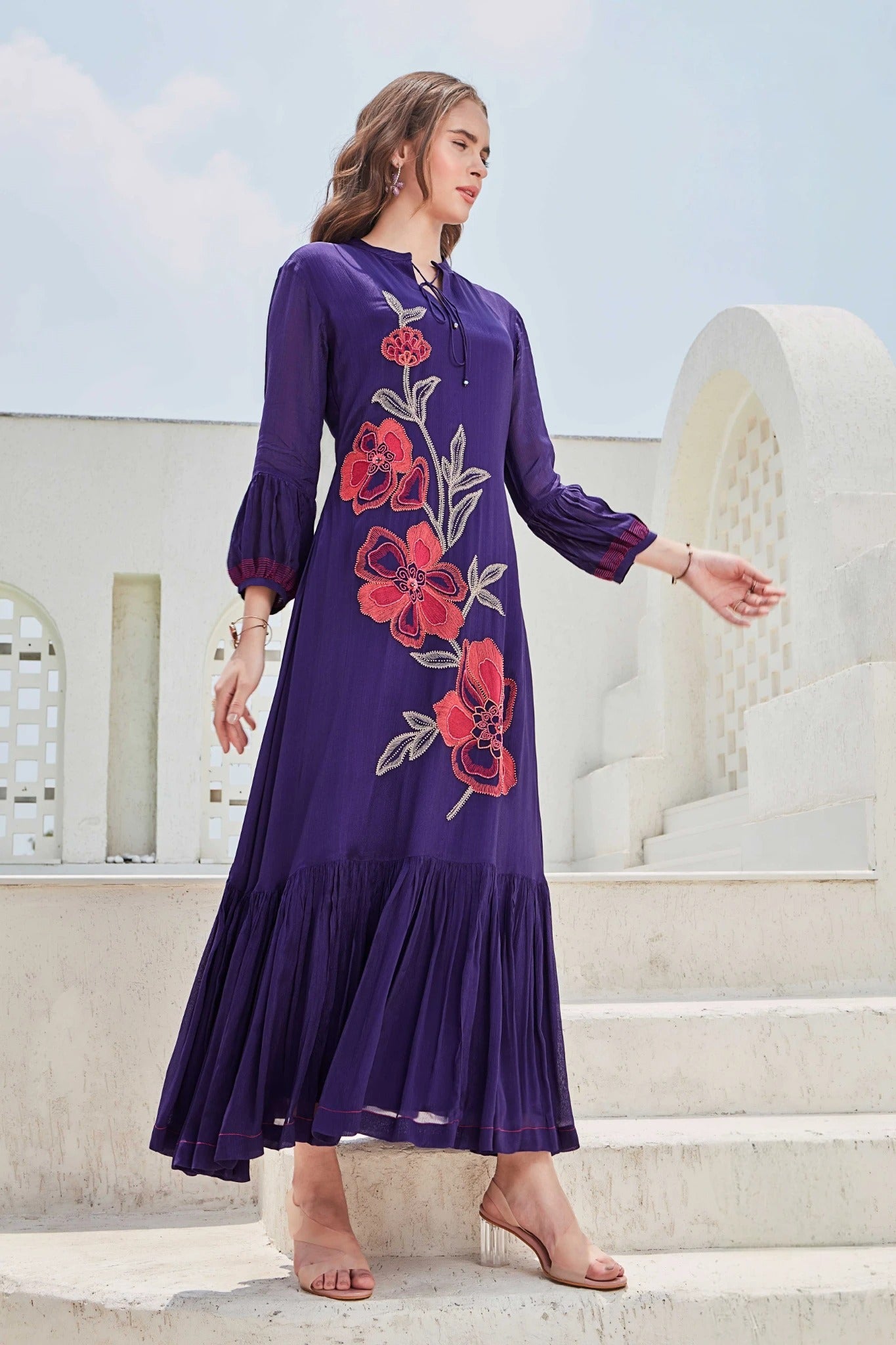 Royal Purple Embroidered A-Line Dress - Mokshaa