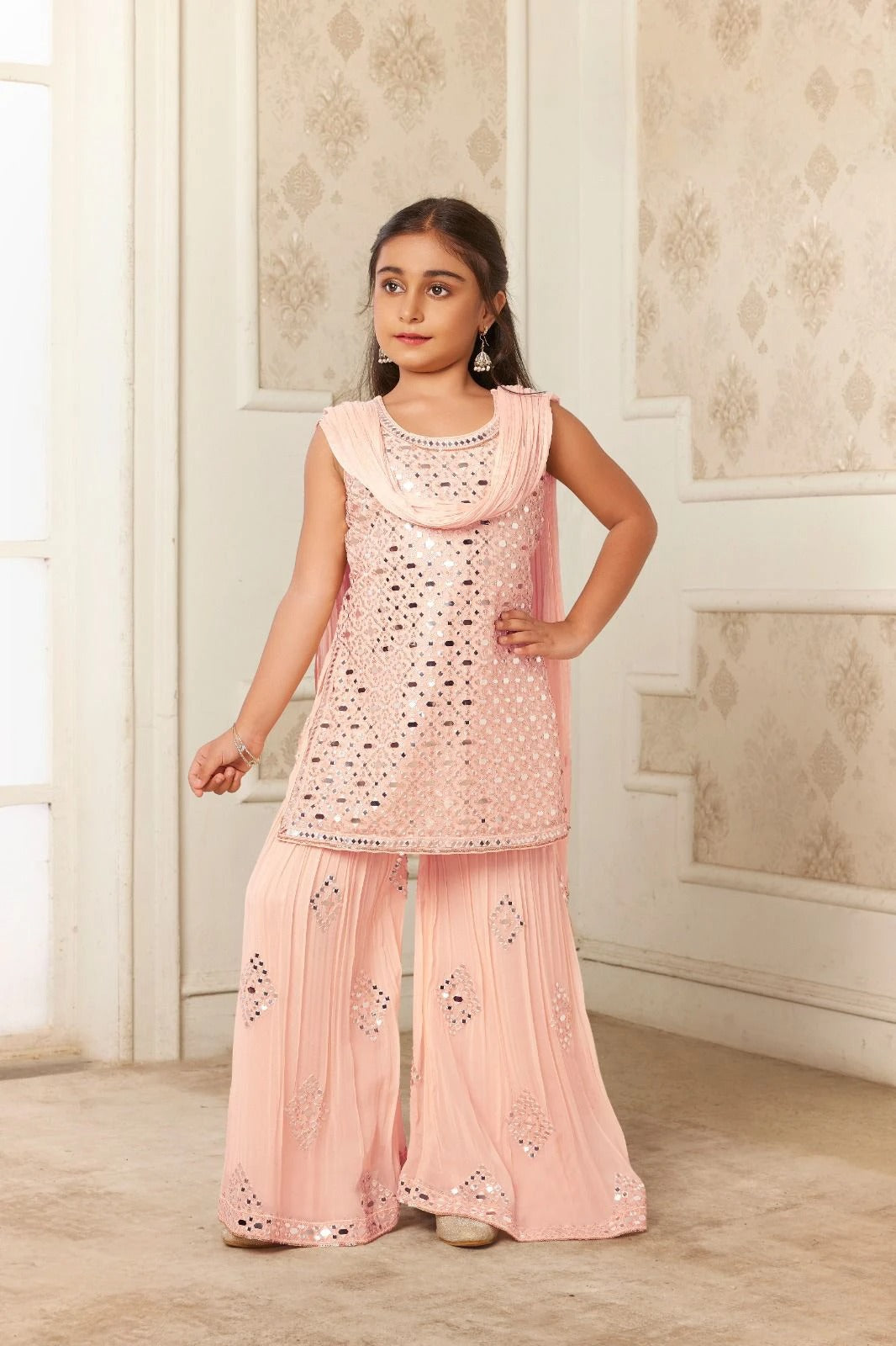 Pastel Pink Mirror Work Sharara Set