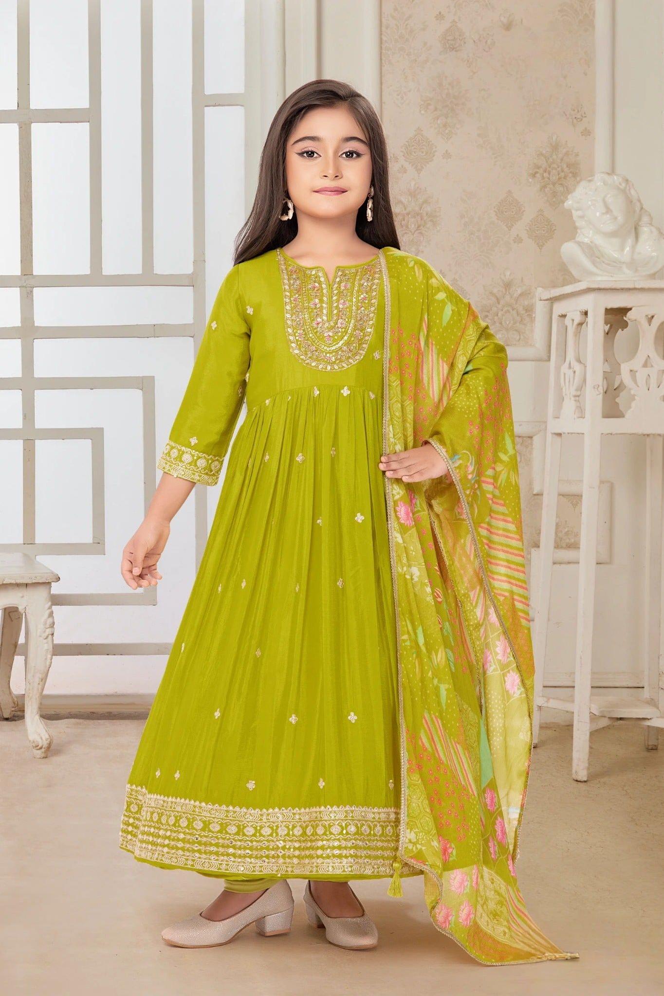 Lime Green Embroidered Anarkali for Kids - Mokshaa