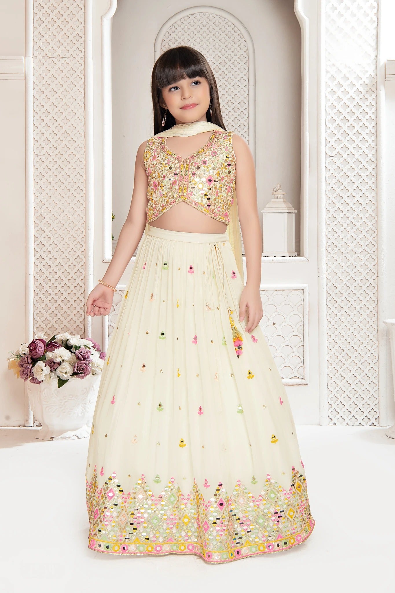 Cream Elegant Mirror Work Lehenga Choli - Mokshaa