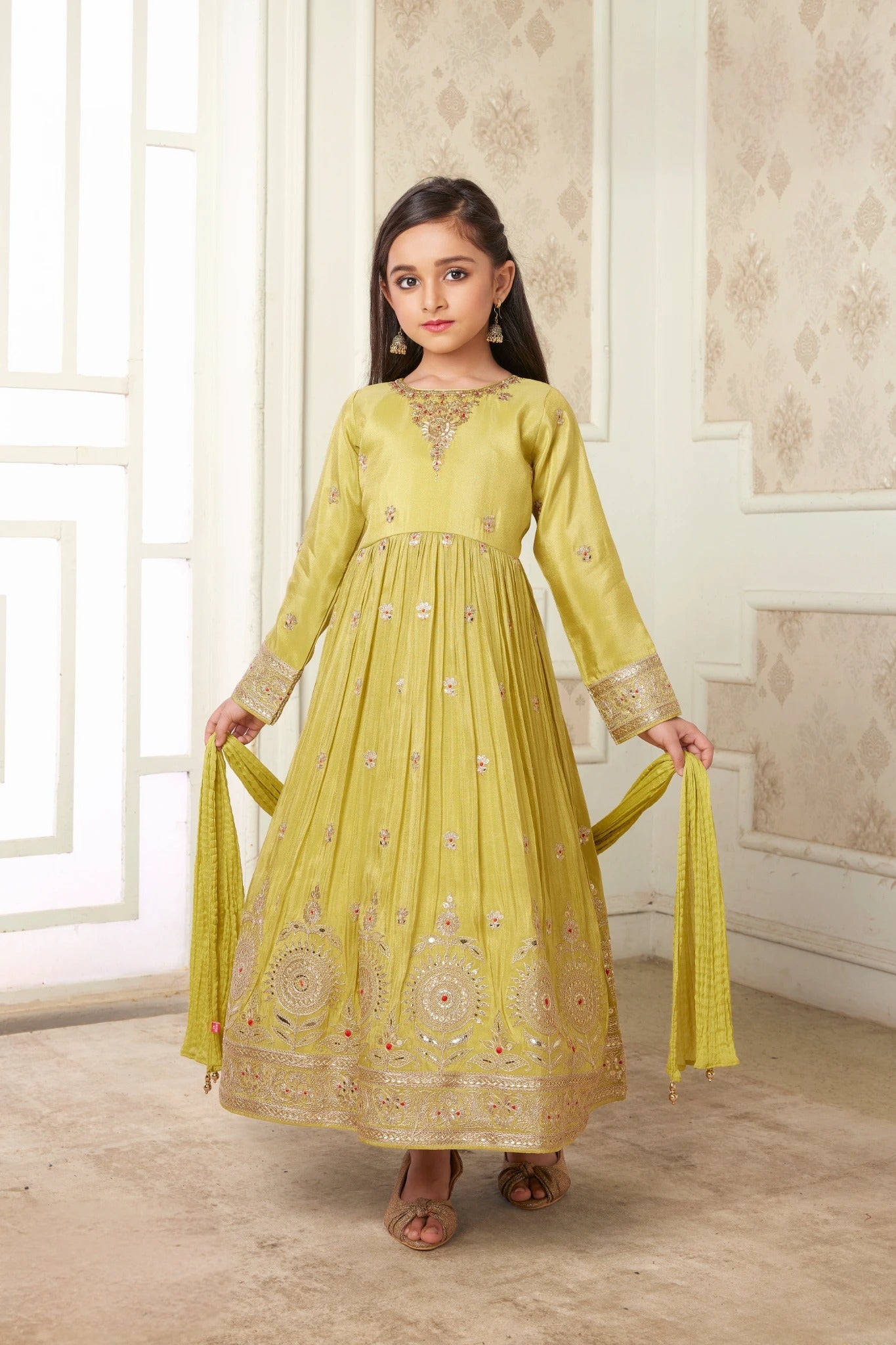 Olive Green Embroidered Kids Anarkali Gown