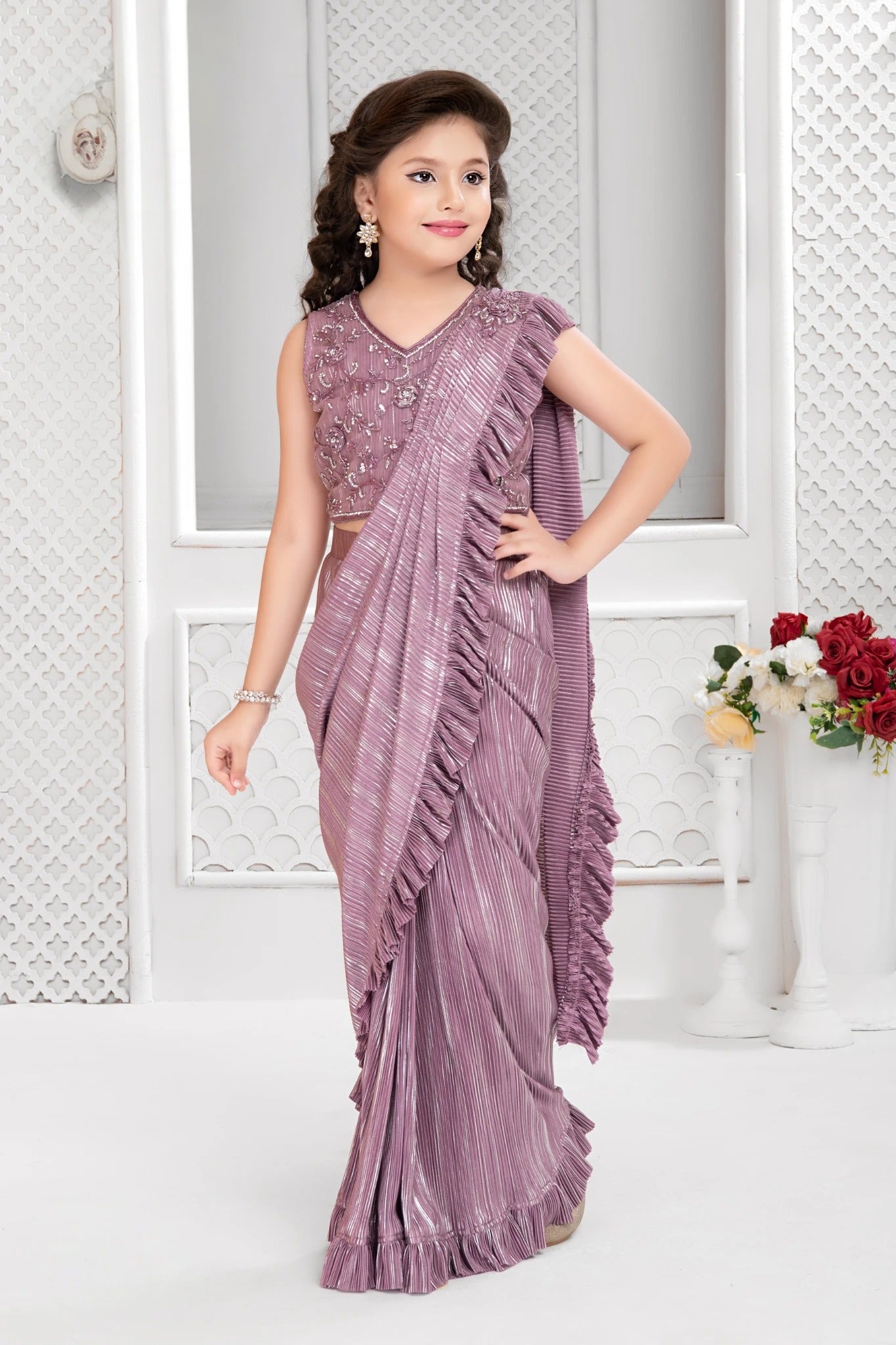 Mauve Pre-Draped Ruffled Saree Set