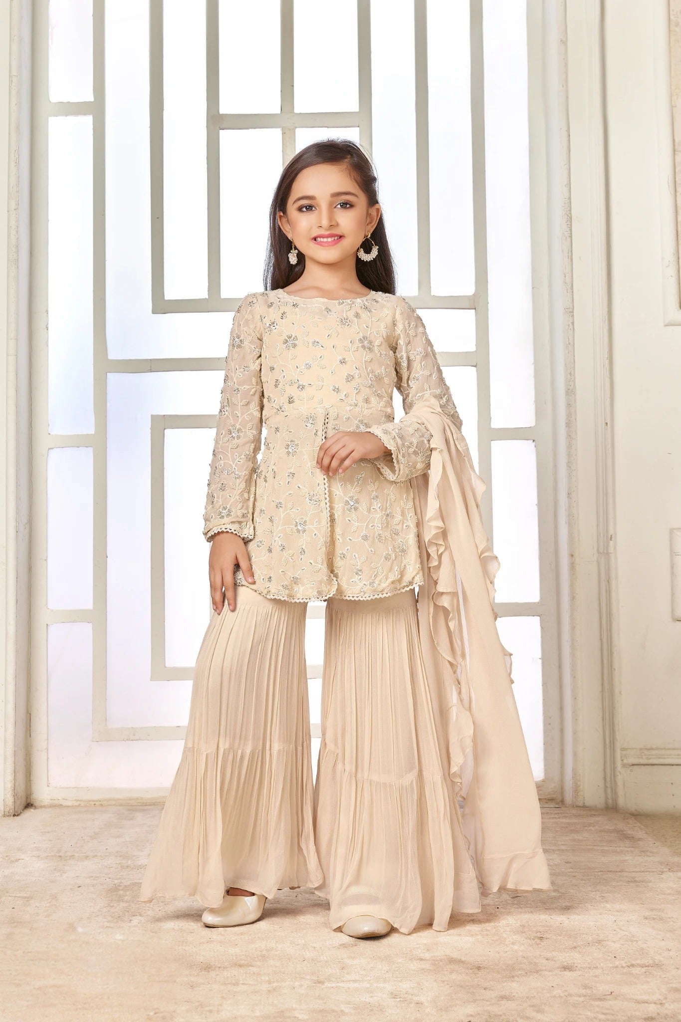 Fawn Ethereal Embellished Kids Sharara Set - Mokshaa