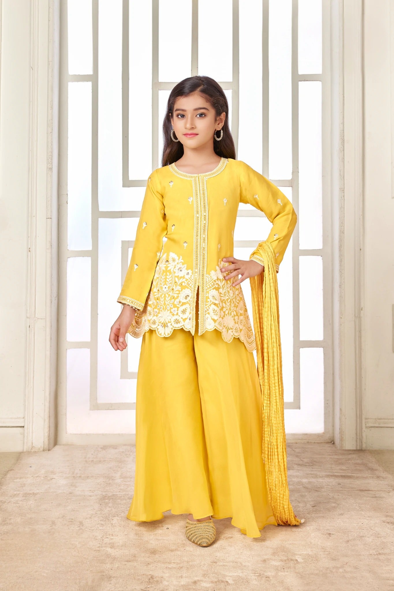 Sunshine Yellow Embroidered Kids - Mokshaa