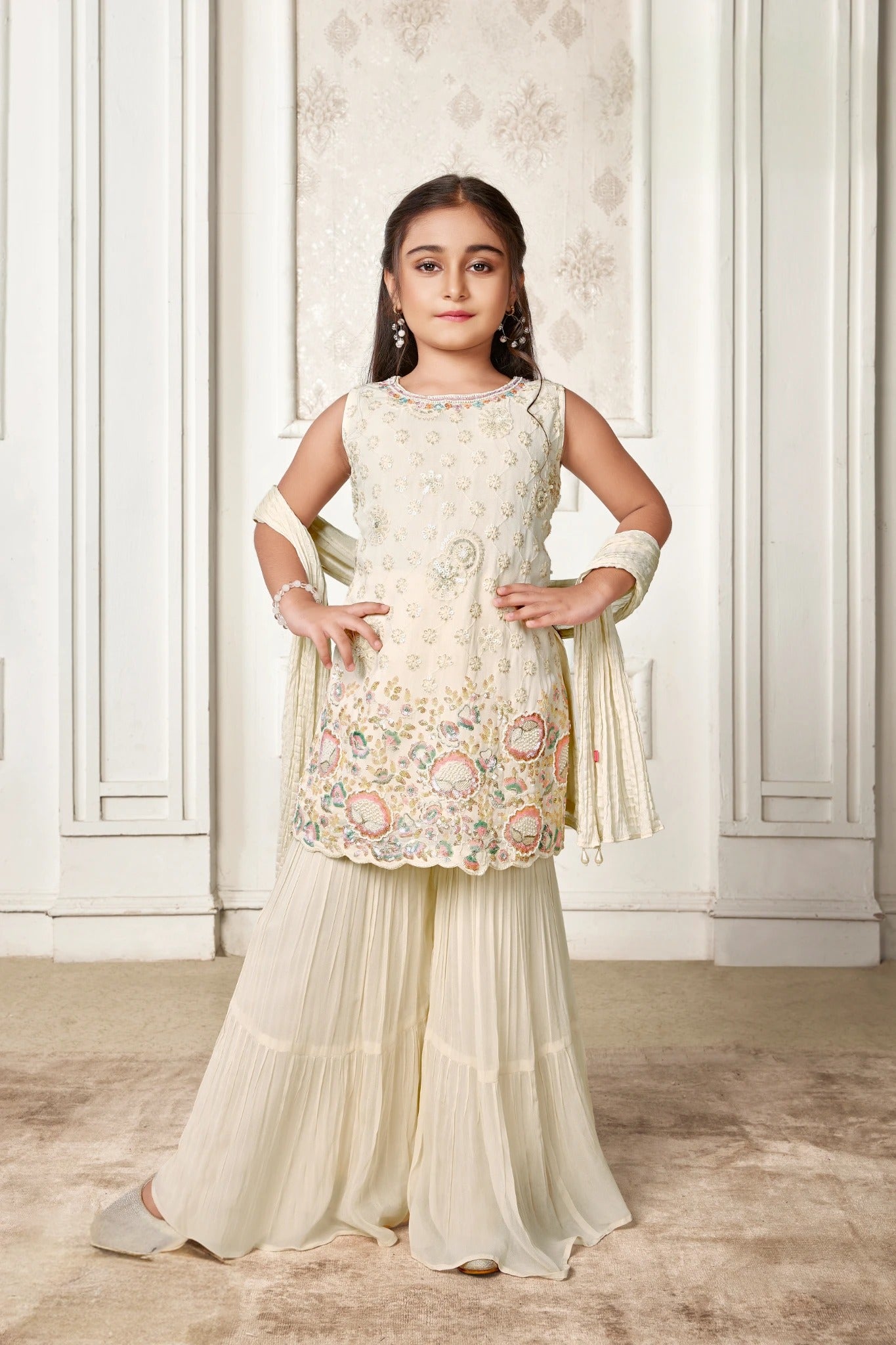 Cream Embellished Sharara Set