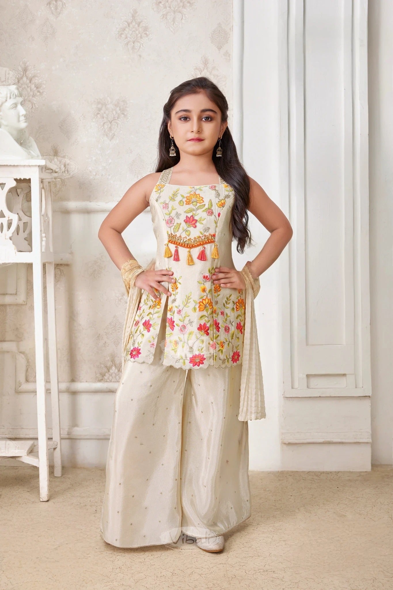 Elegant Floral Embroidered Fawn Kids Sharara Set