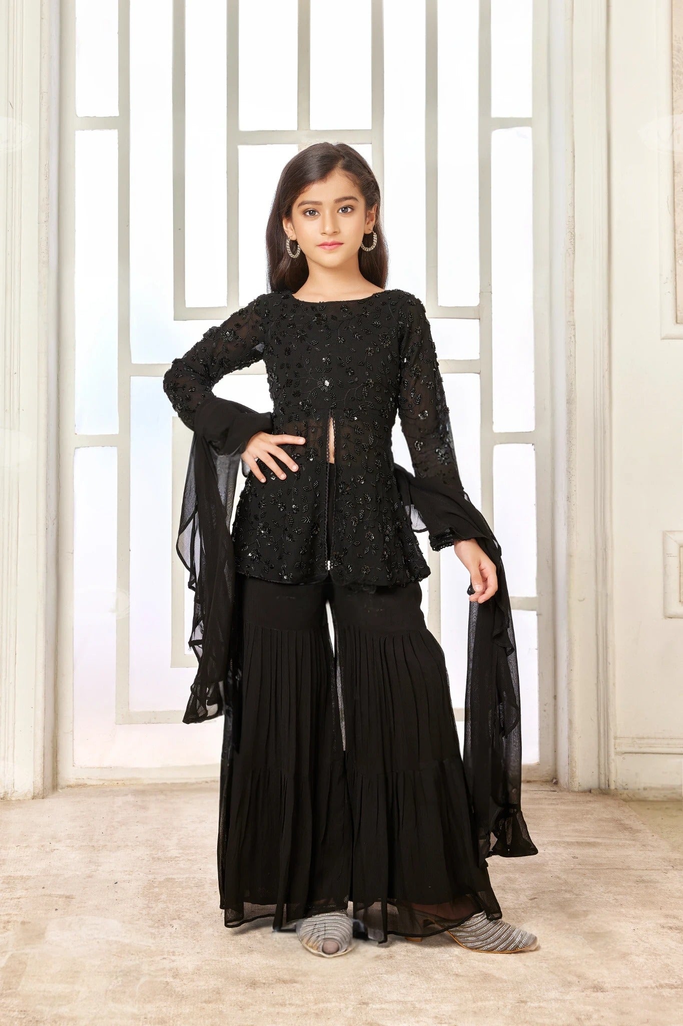 Elegant Black Embroidered Sharara Set  Mokshaa