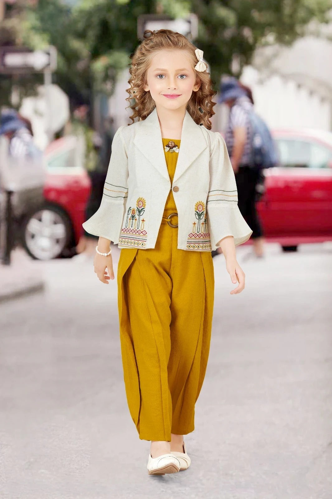 Mustard Yellow Pant Set with Embroidered Jacket  Mokshaa