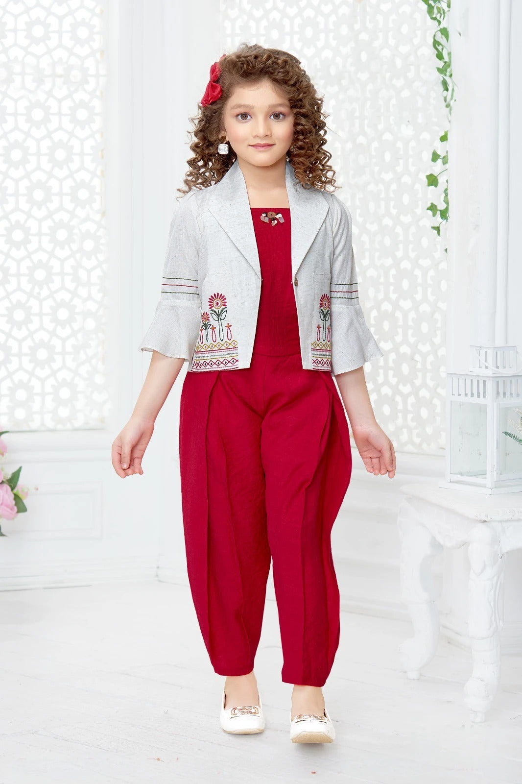 Maroon Pant Set with Embroidered Jacket  Mokshaa