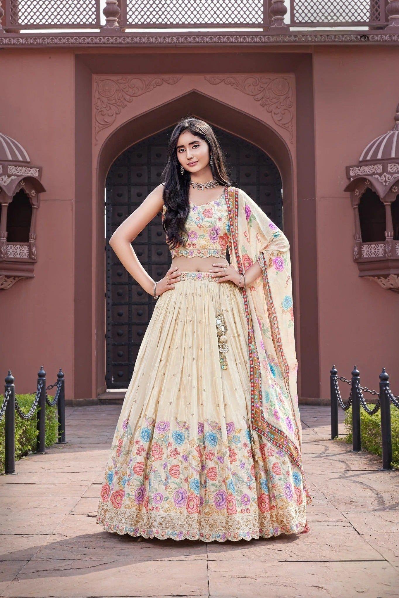 Ivory Bloom Embroidered Lehenga Choli Set  Mokshaa