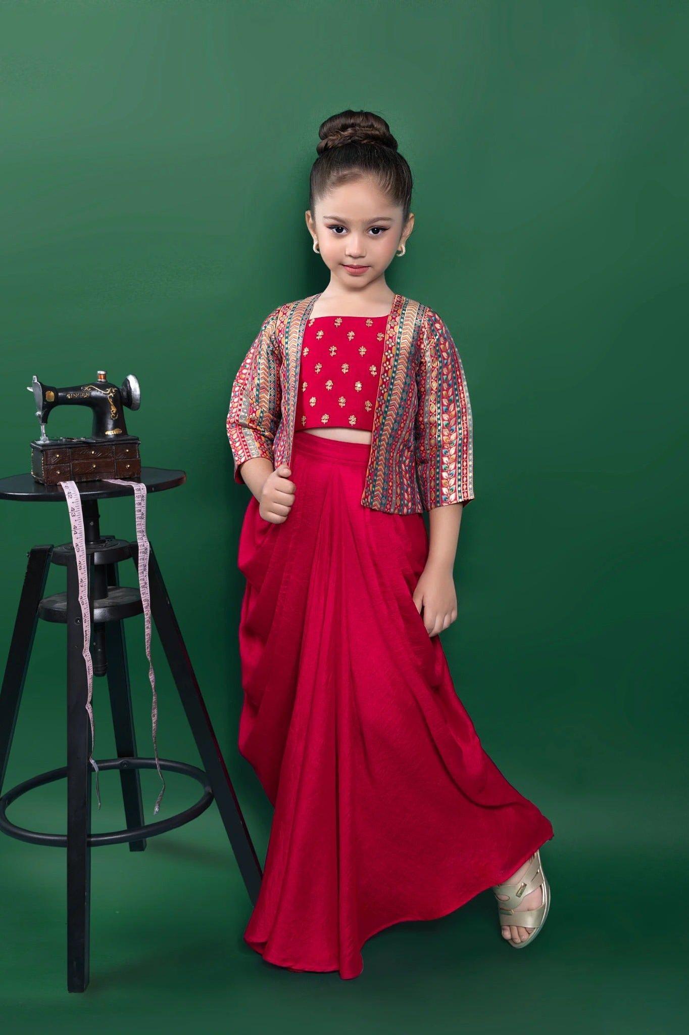 Crimson Foil-Printed Skirt Set with Brocade Jacket  Mokshaa