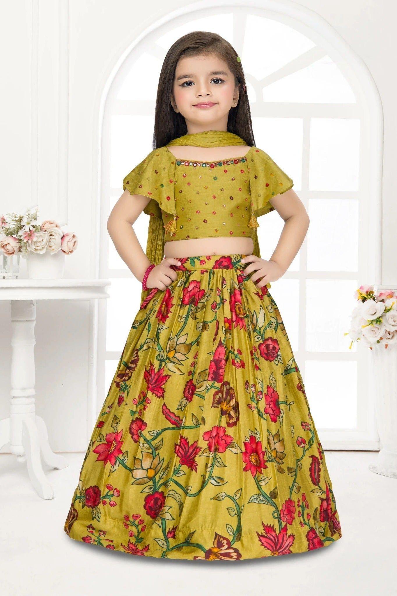 Olive Green Floral Lehenga Choli Set for Girls  Mokshaa