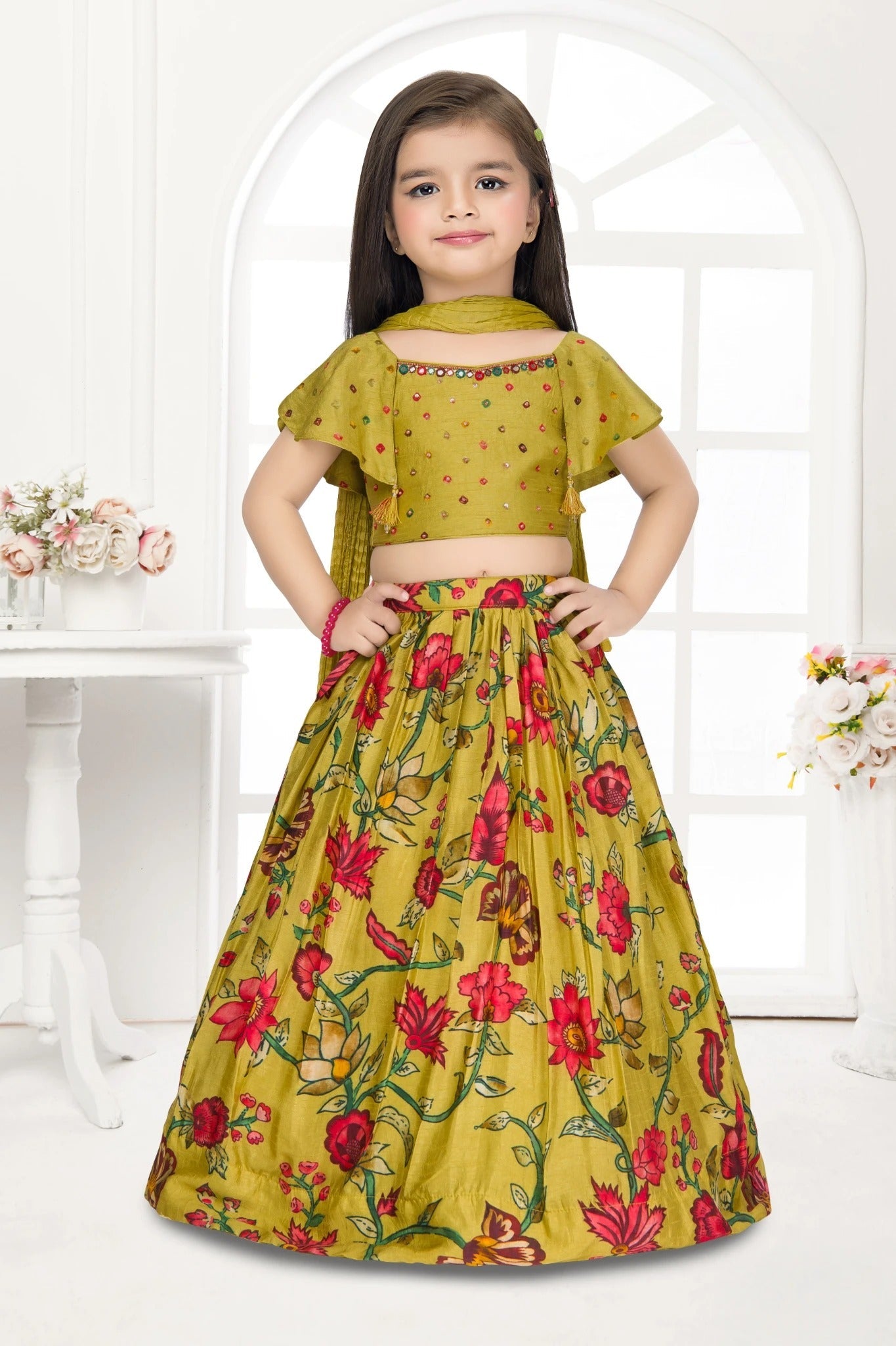 Olive Green Floral Lehenga Choli Set for Girls  Mokshaa