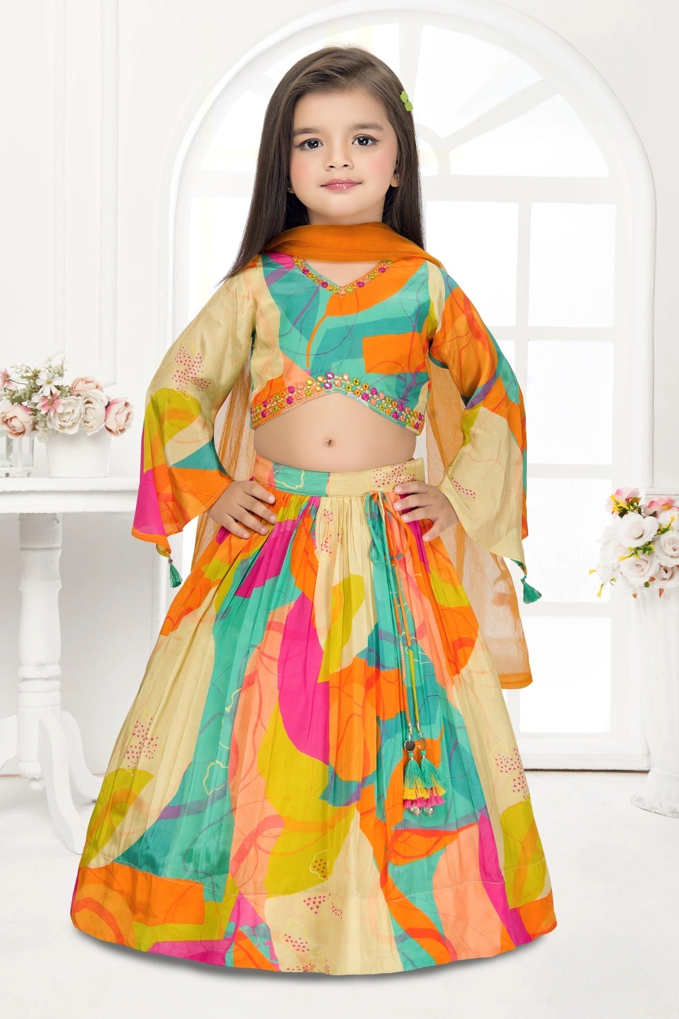 Multicolor Abstract Print Lehenga Choli Set for Girls  Mokshaa