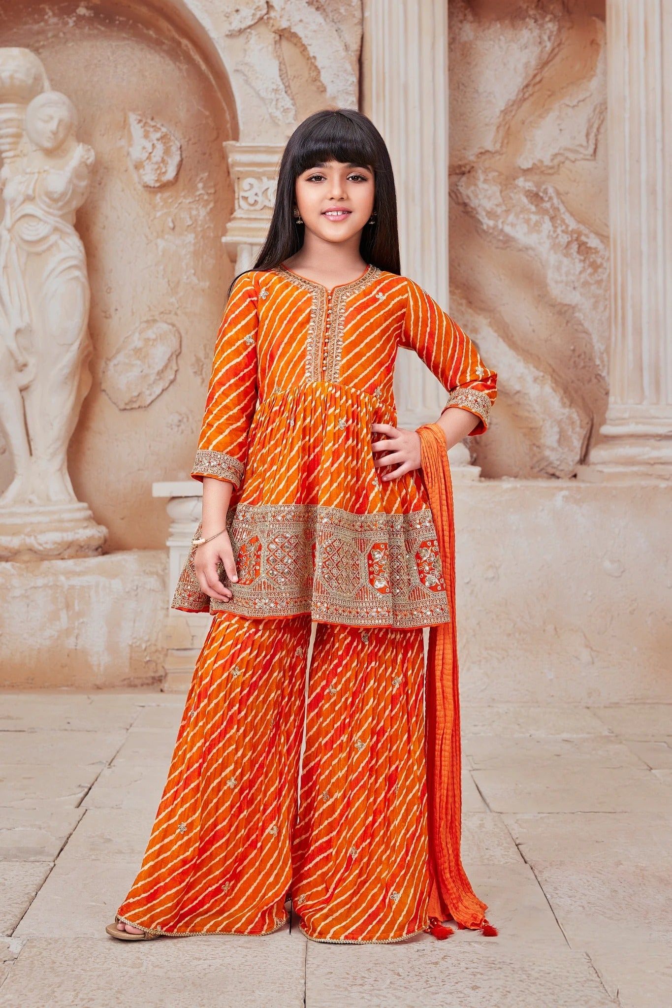 Orange Bandhej Gharara Set with Zari Embroidery  Mokshaa