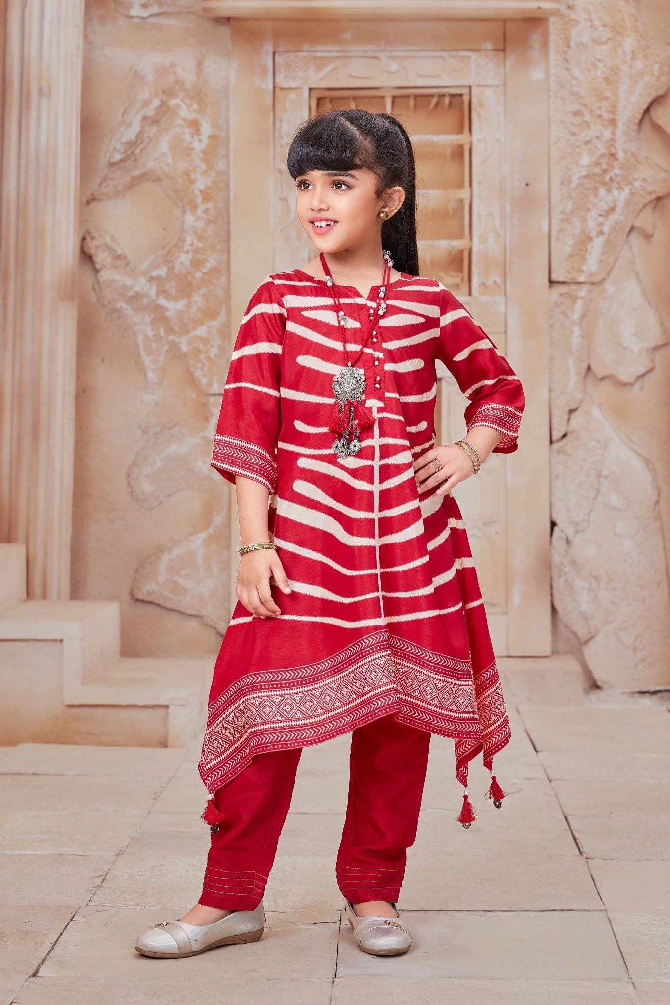 Red Handblock Kurta Set with Straight Pants  Mokshaa