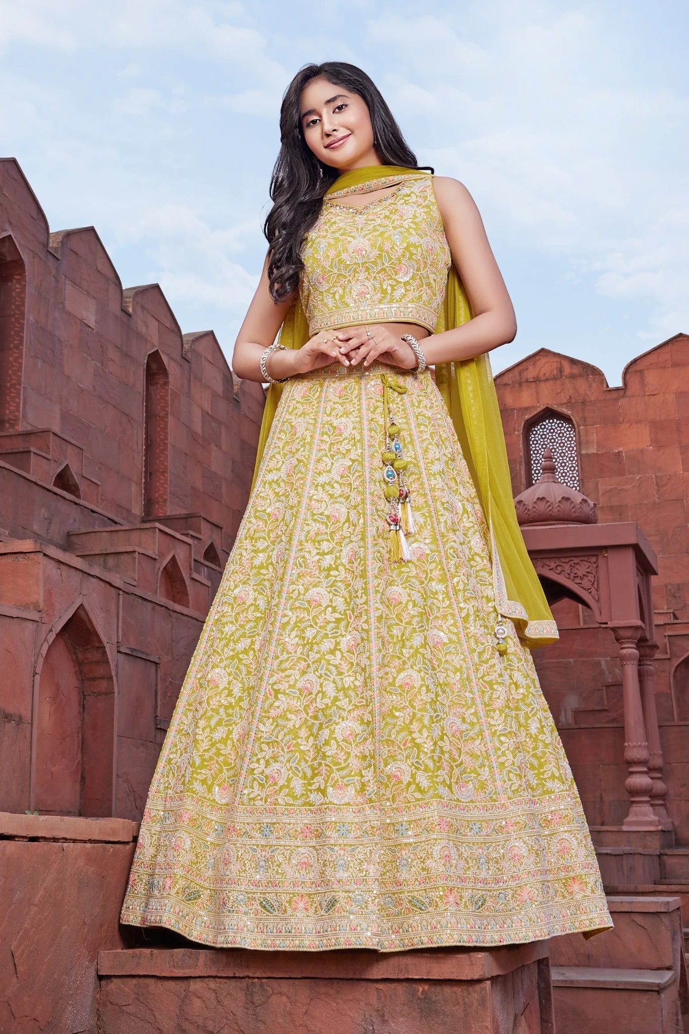 Lemon Yellow Lehenga Choli with Intricate Resham Embroidery  Mokshaa