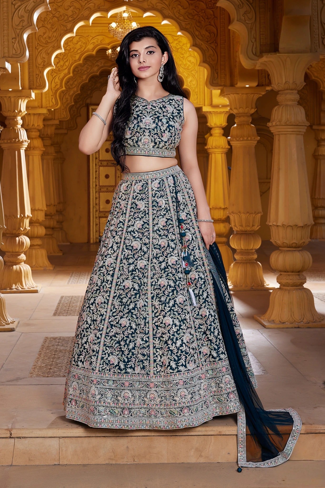 Navy Blue Lehenga Choli with Intricate Resham Embroidery  Mokshaa