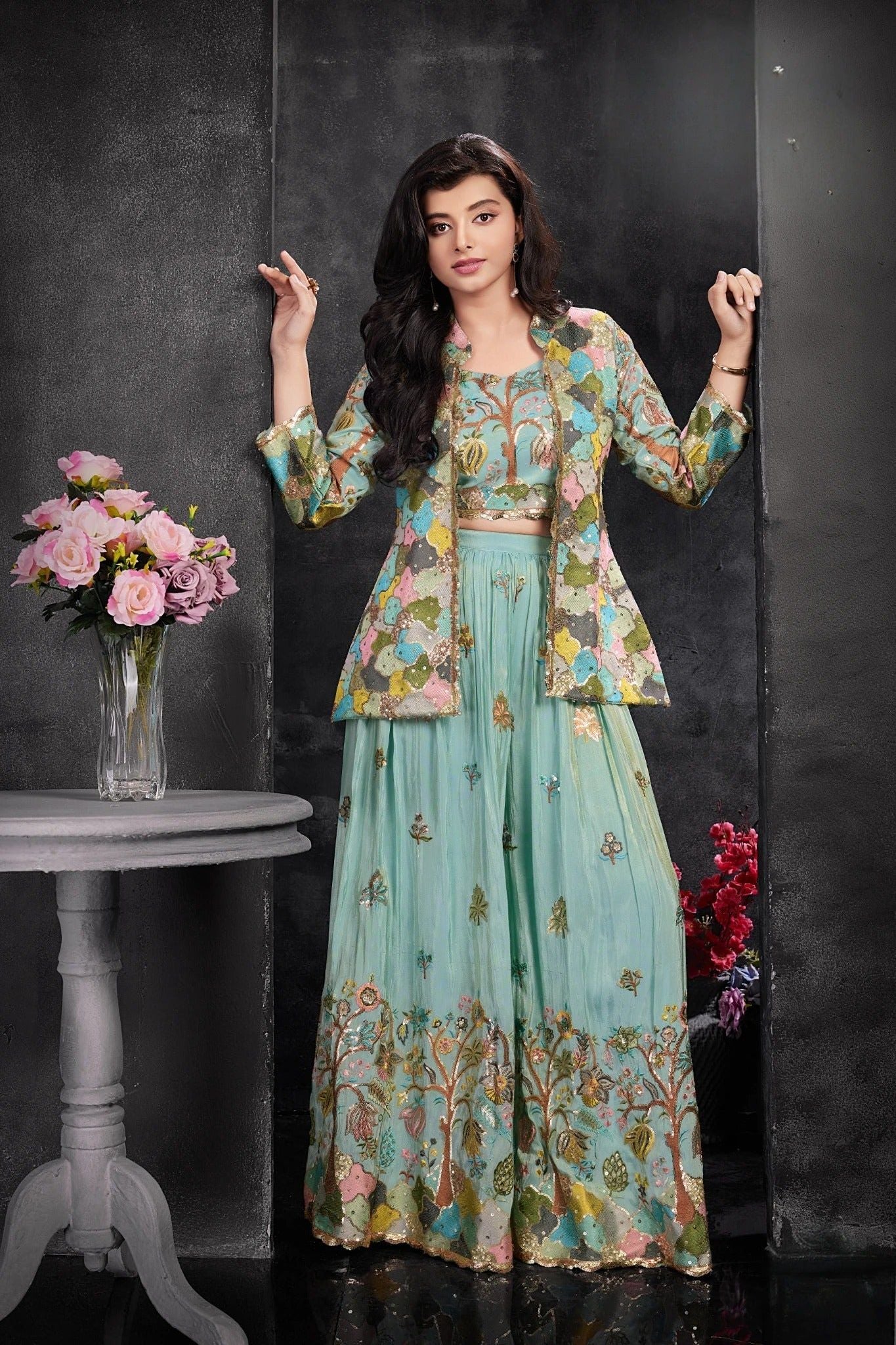 Sky Blue Embroidered Palazzo Set with Jacket  Mokshaa