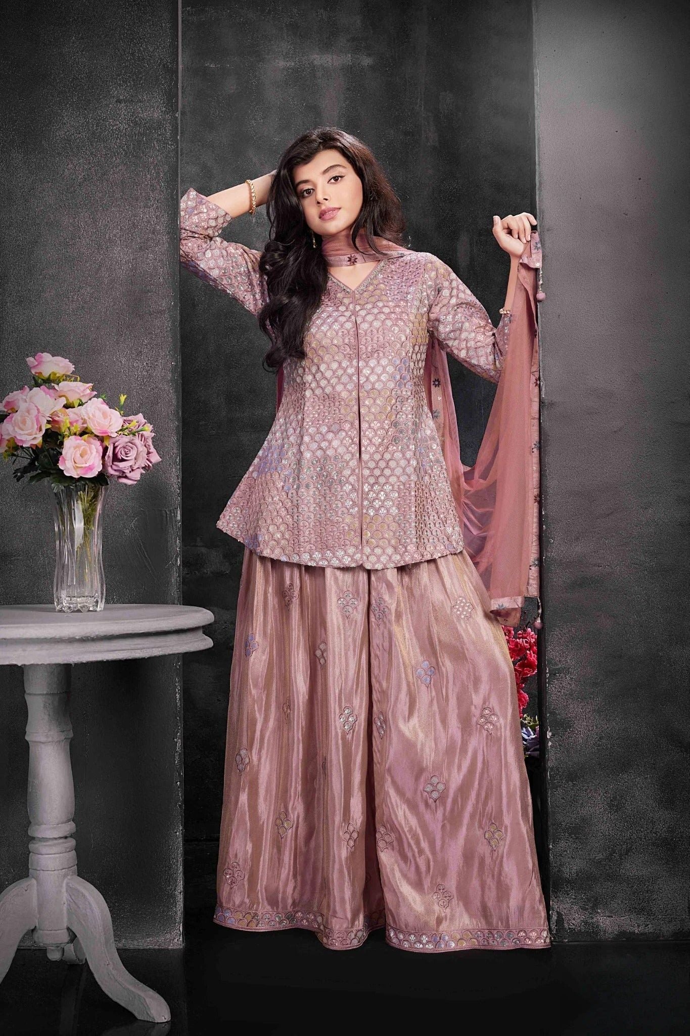 Dusty Rose Embroidered Palazzo Set with Jacket Kurta  Mokshaa