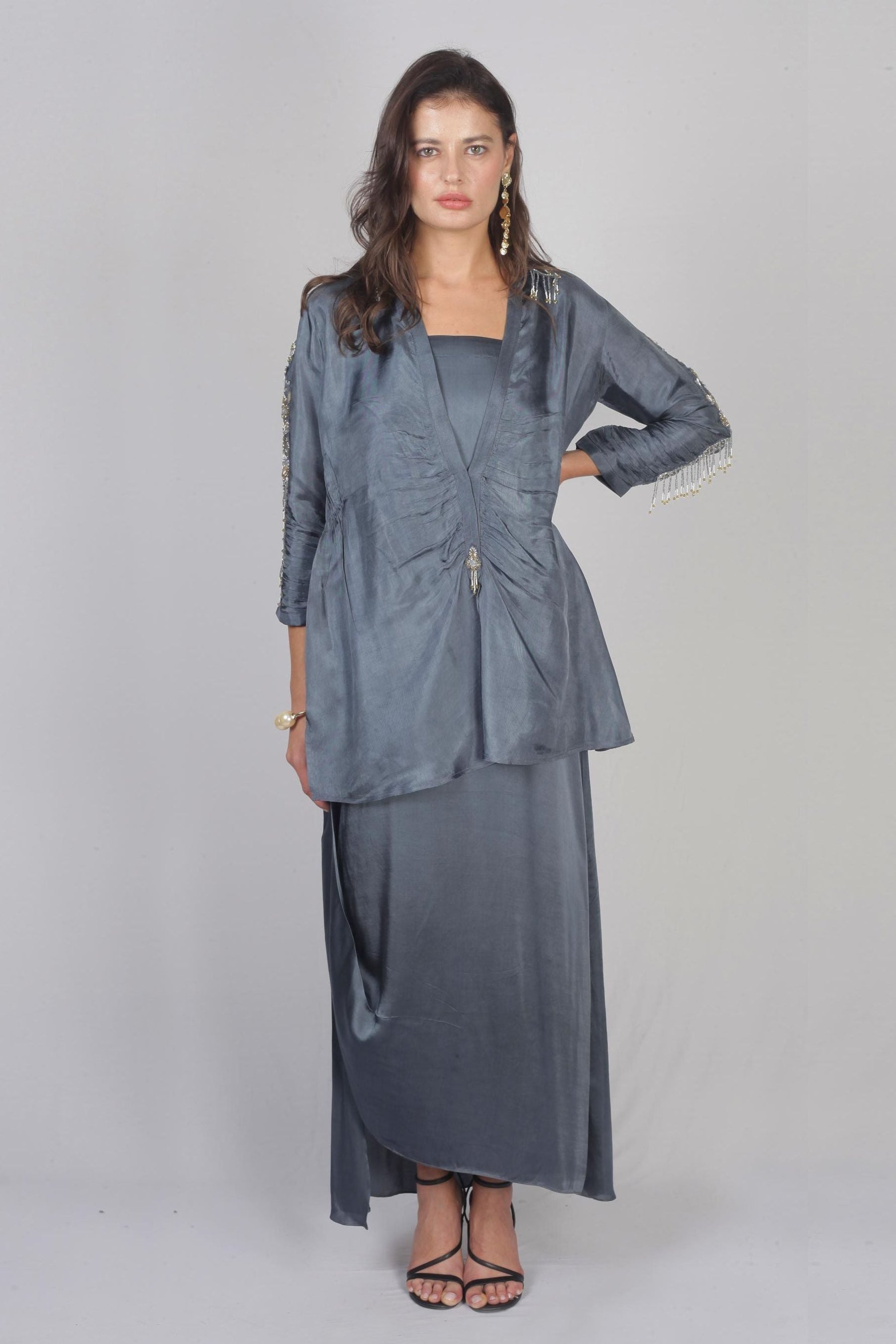 Steel Grey Satin Silk Indo-Western Drape Set