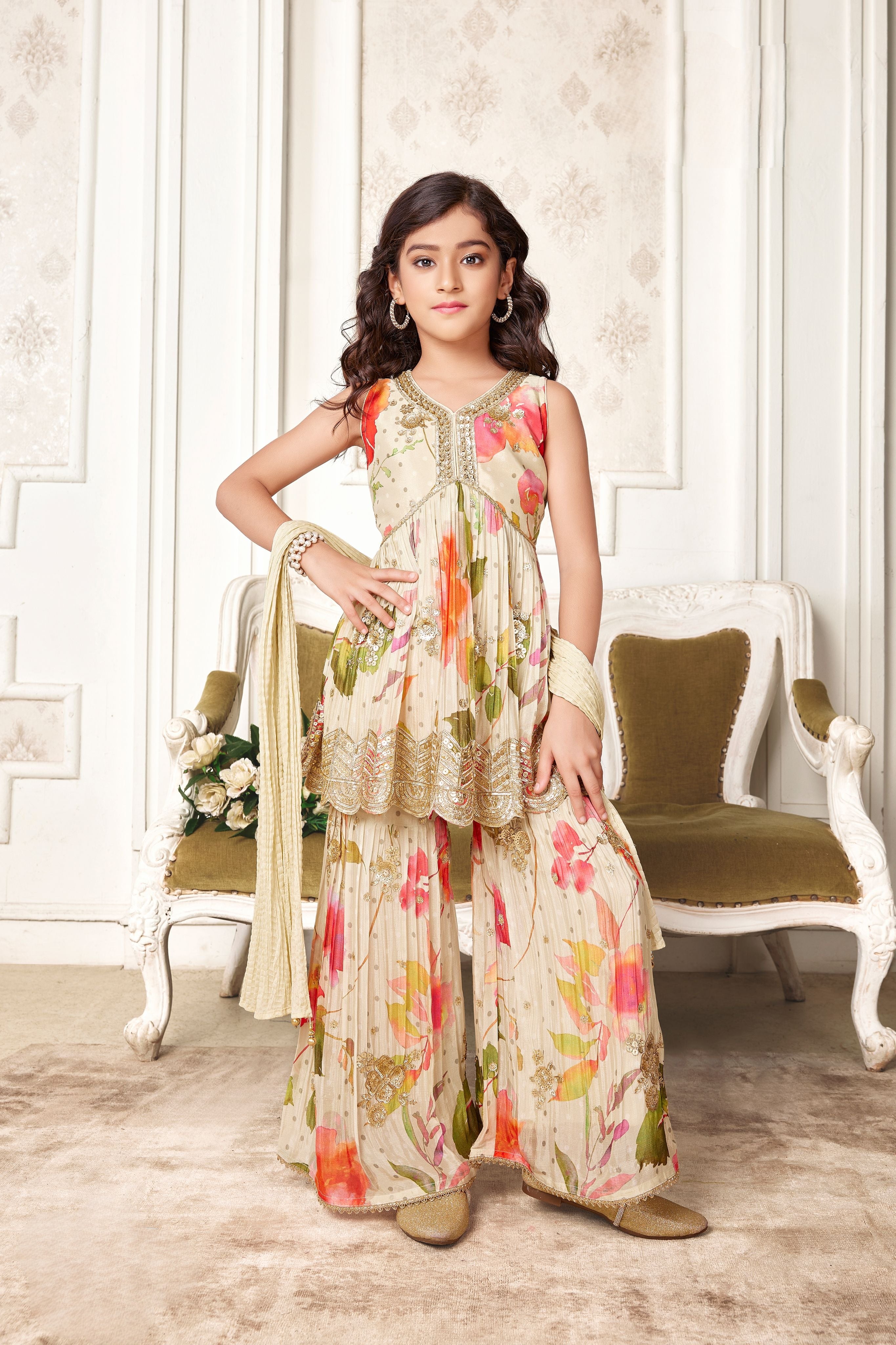 Elegant Cream Floral Sharara Set  Mokshaa