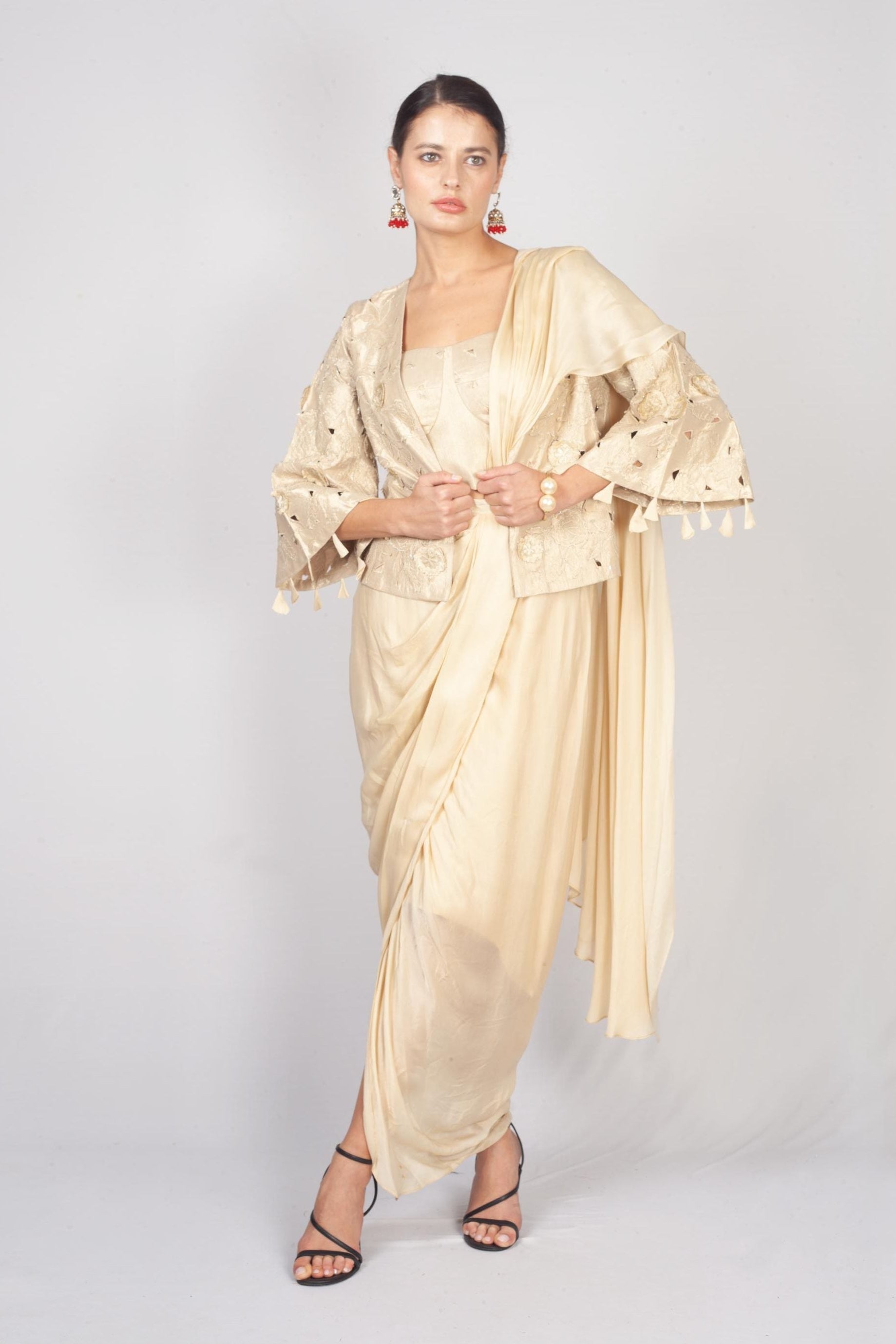 Champagne Satin Silk Indo-Western Drape Set