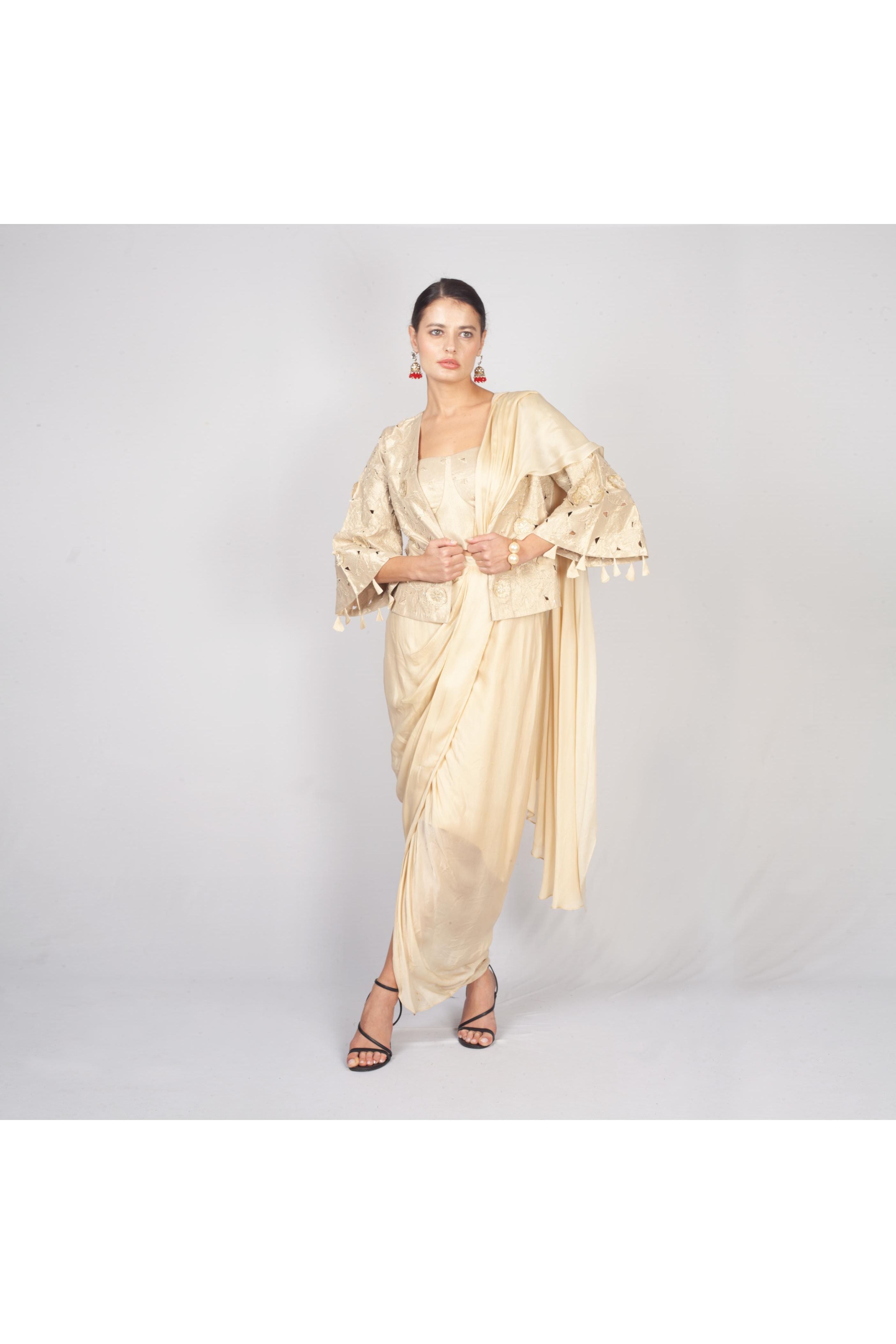 Champagne Satin Silk Indo-Western Drape Set