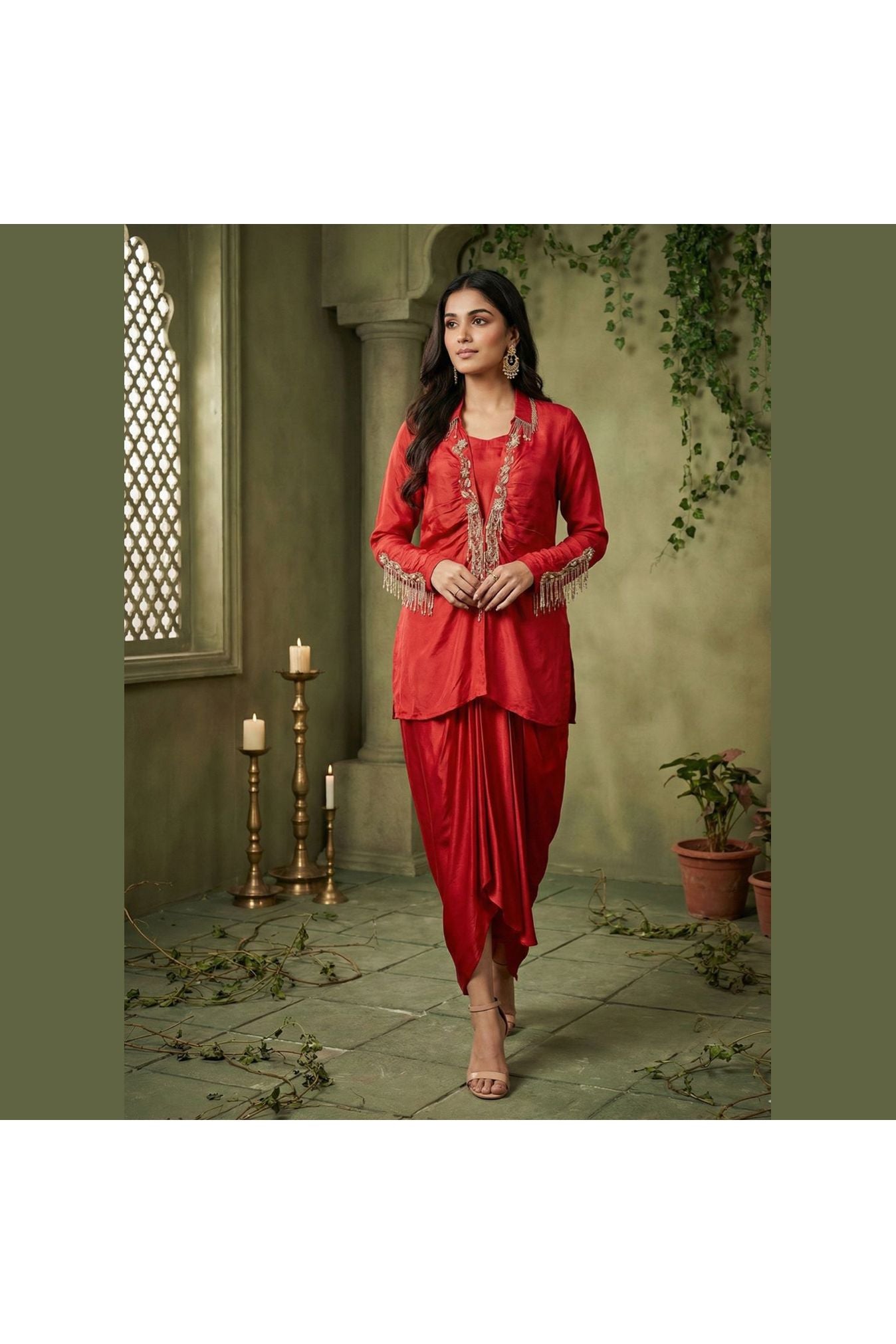 Crimson Red Satin Silk Draped Indo-Western Set
