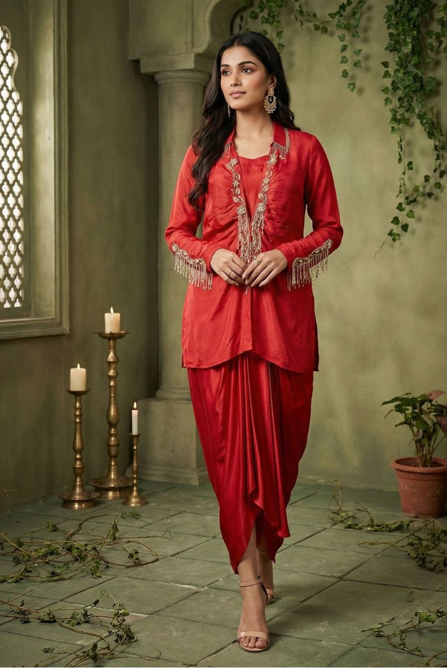 Crimson Red Satin Silk Draped Indo-Western Set