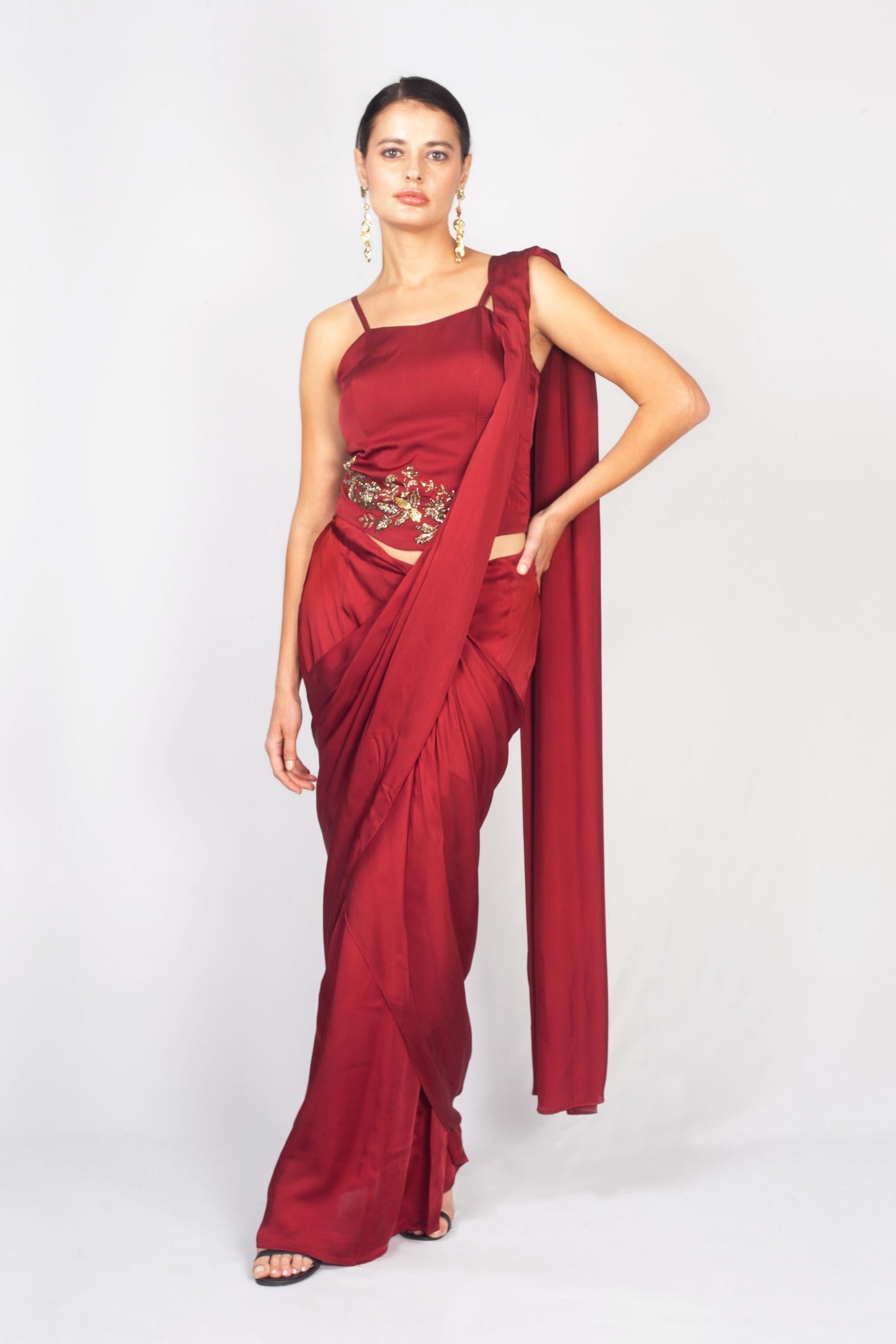 Crimson Red Satin Silk Drape Saree