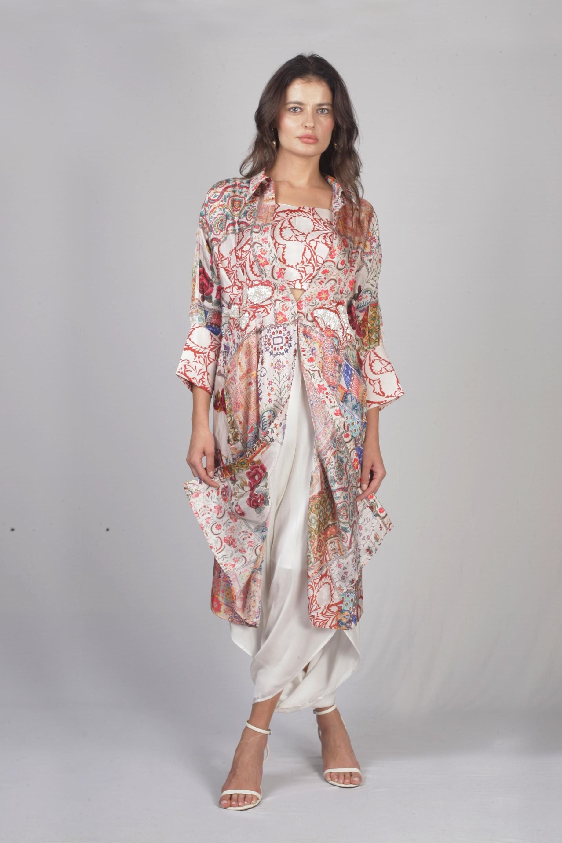 Ivory Multicolour Printed Satin Indo-Western Set | Premium Salwars | Mokshaa 2XL Ivory Multicolour Printed Satin Indo-Western Set | Premium Salwars | Mokshaa 2XL