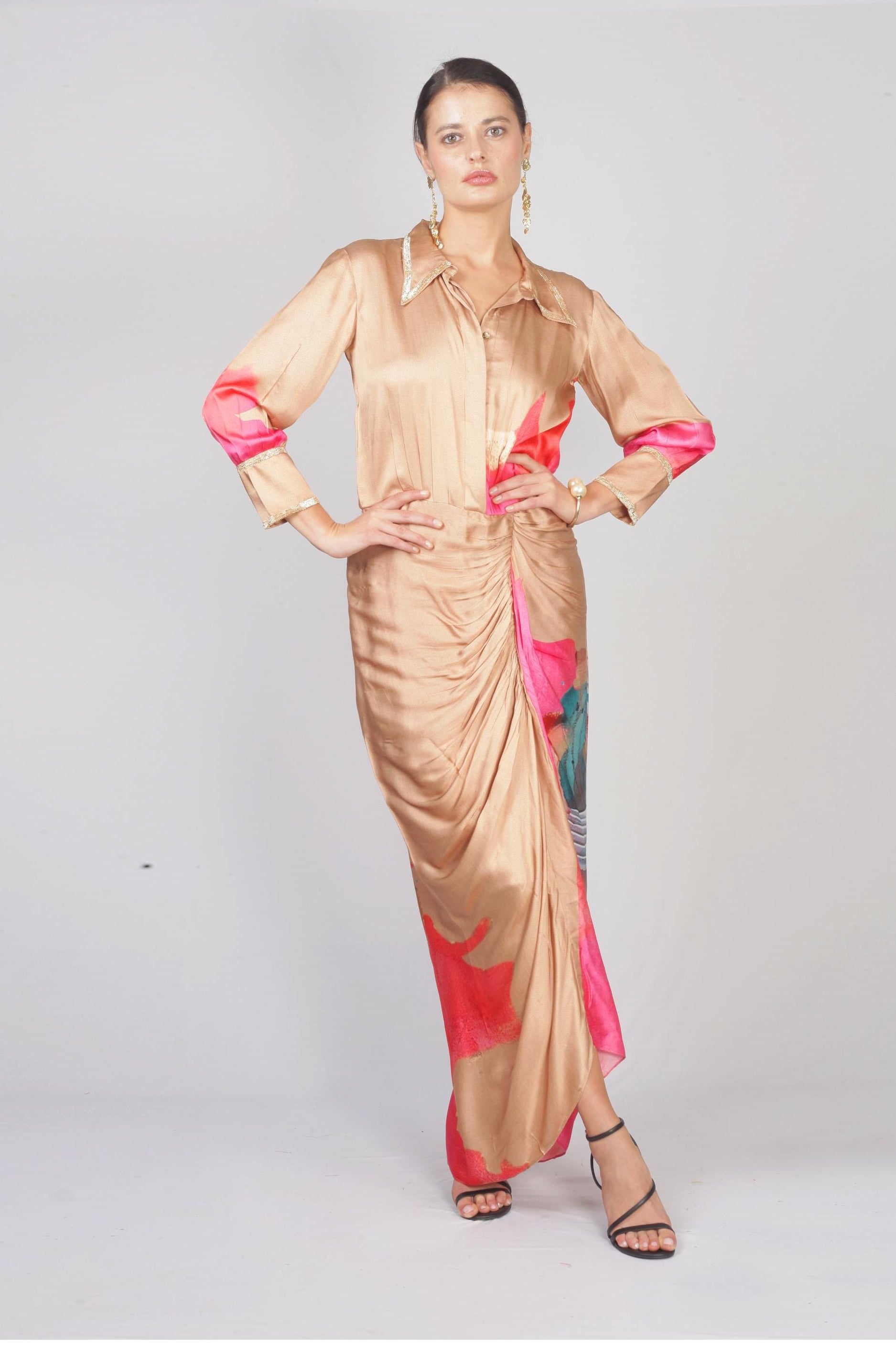 Beige Satin Silk Shirt & Drape Skirt Set