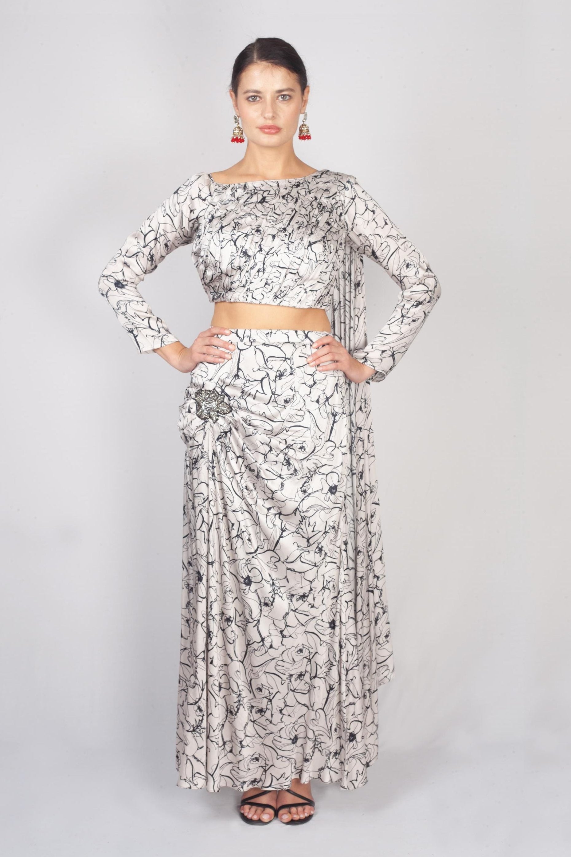 Ivory Printed Satin Silk Indo-Western Set